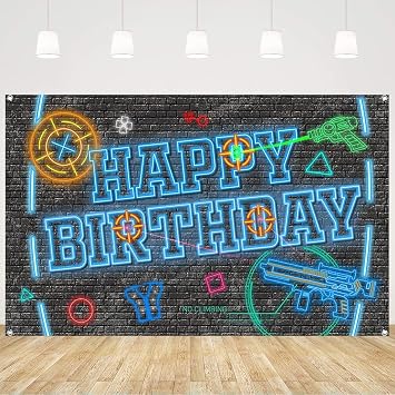 Laser Tag Gun Happy Birthday Backdrops Banner Gaming Backgrounds for Boys Kids Birthday Decorations Neon Glow Party Photography Props