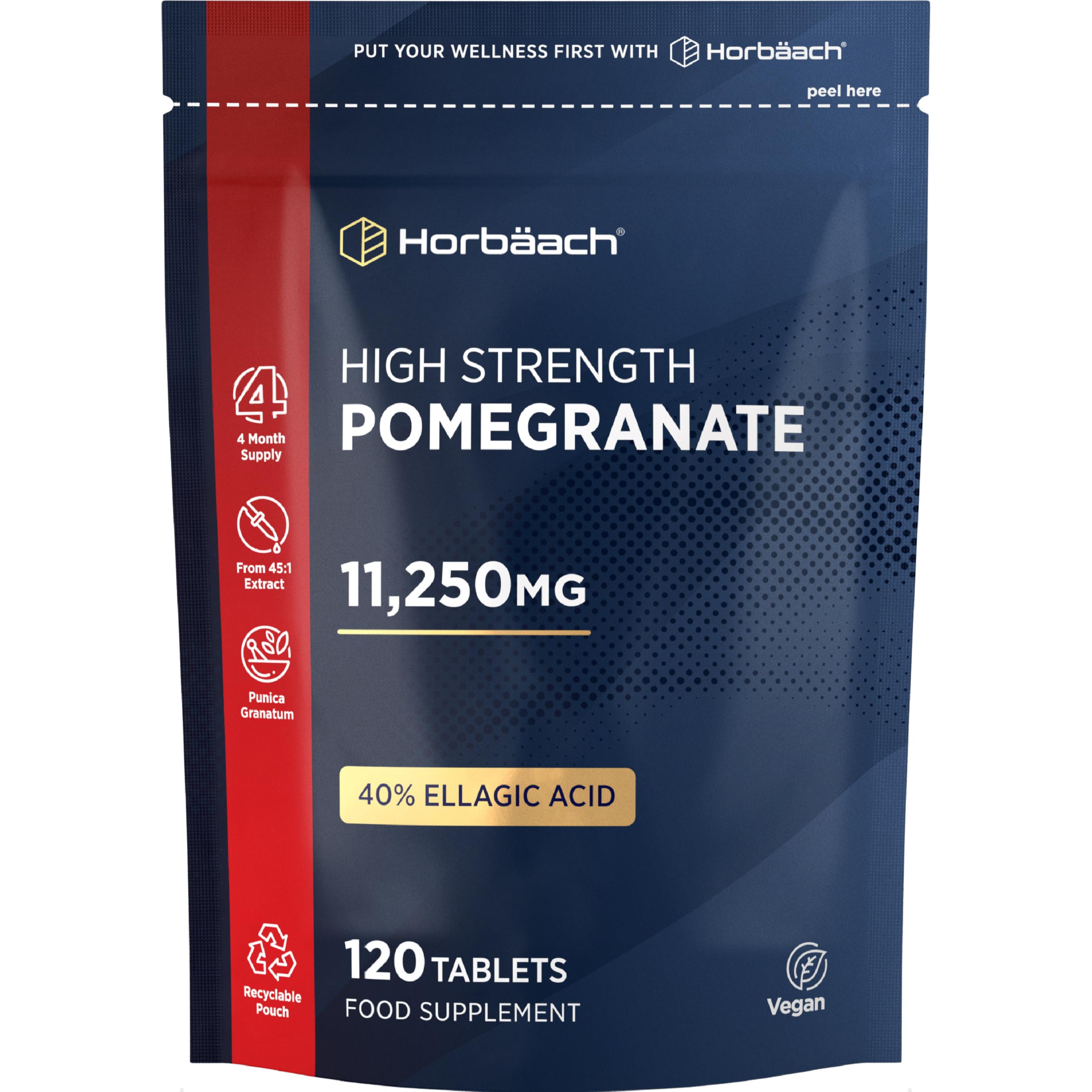 Pomegranate Extract 11,250mg | 120 Tablets (4 Month Supply) | High Strength Vegan Supplement with 100mg of Ellagic Acid | 45:1 Extract Formula | by Horbaach