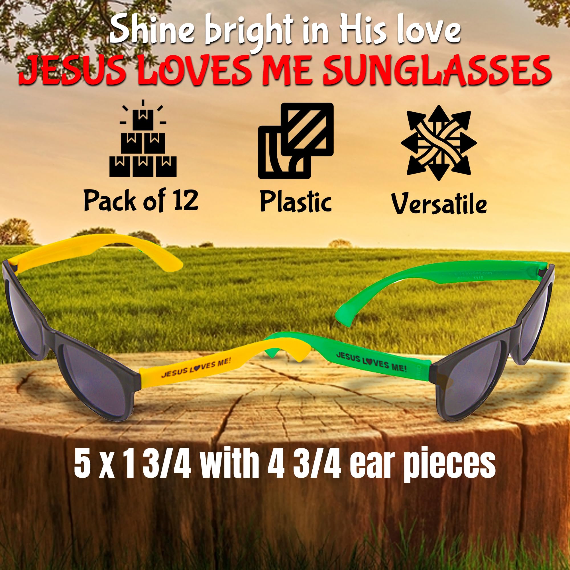 Fun Express JESUS LOVES ME Sunglasses - Colorful Faith-Inspired Kids - Party Accessories - Ideal for Church Events Gifts Birthday Parties Celebrations and Special Occasions - 12 Pieces