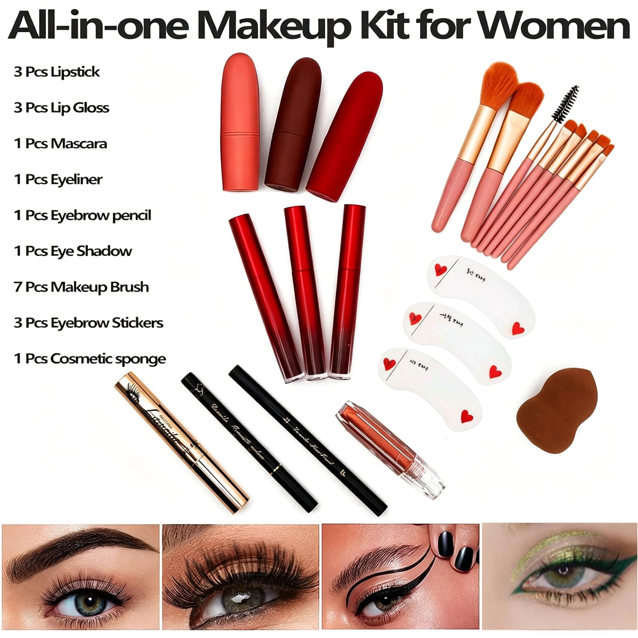 Kit de maquillage pour femmes et filles, kit de maquillage tout-en-un avec pinceau cosmétique, rouge à lèvres, palette de fards à paupières, blush, gel pailleté en rose, mallette de maquillage de