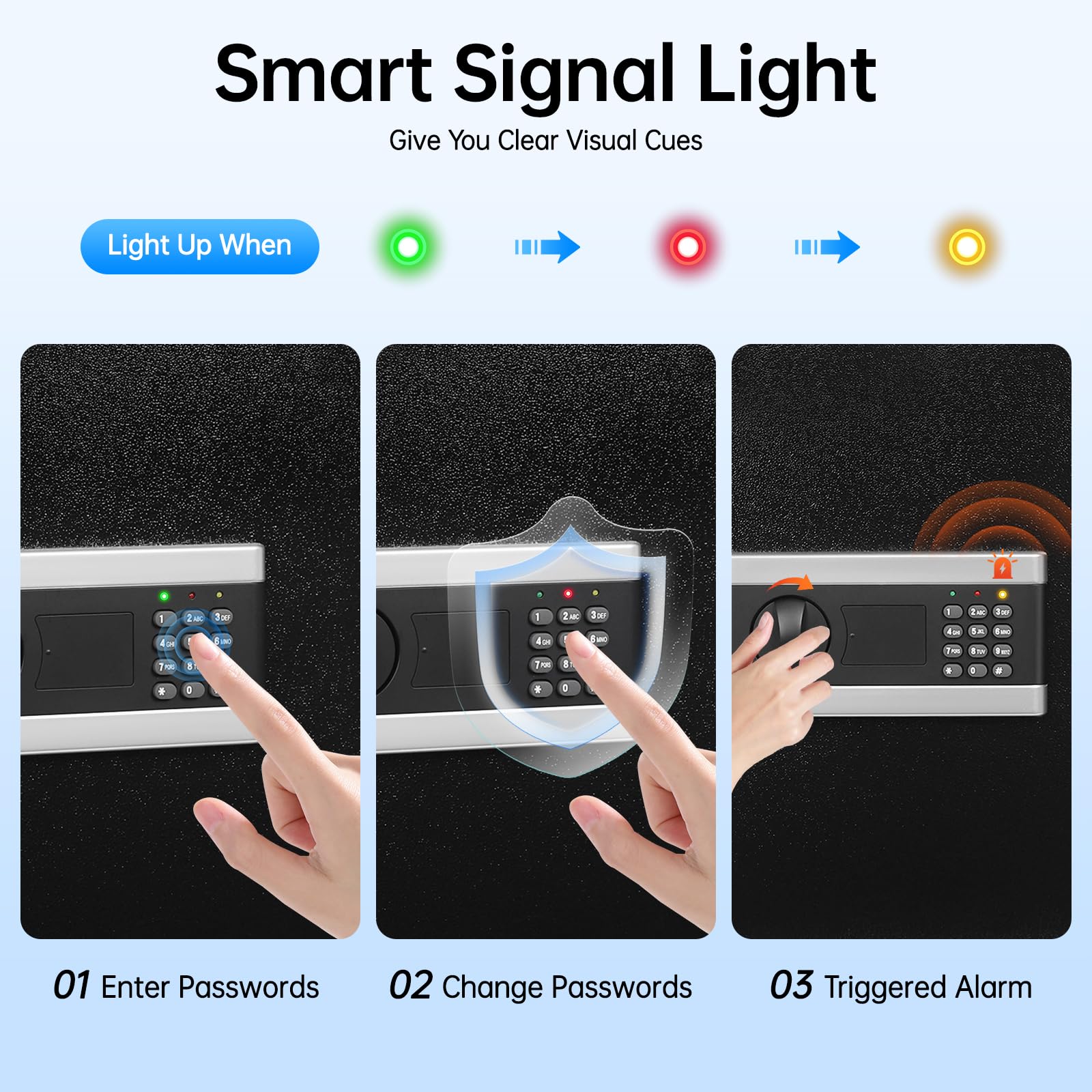 Cassaforte elettronica, 38 x 31 x 45 cm, cassaforte per casa, 3 scomparti rimovibili, passcode digitale, chiavi di emergenza, allarmi intelligenti, cassaforte