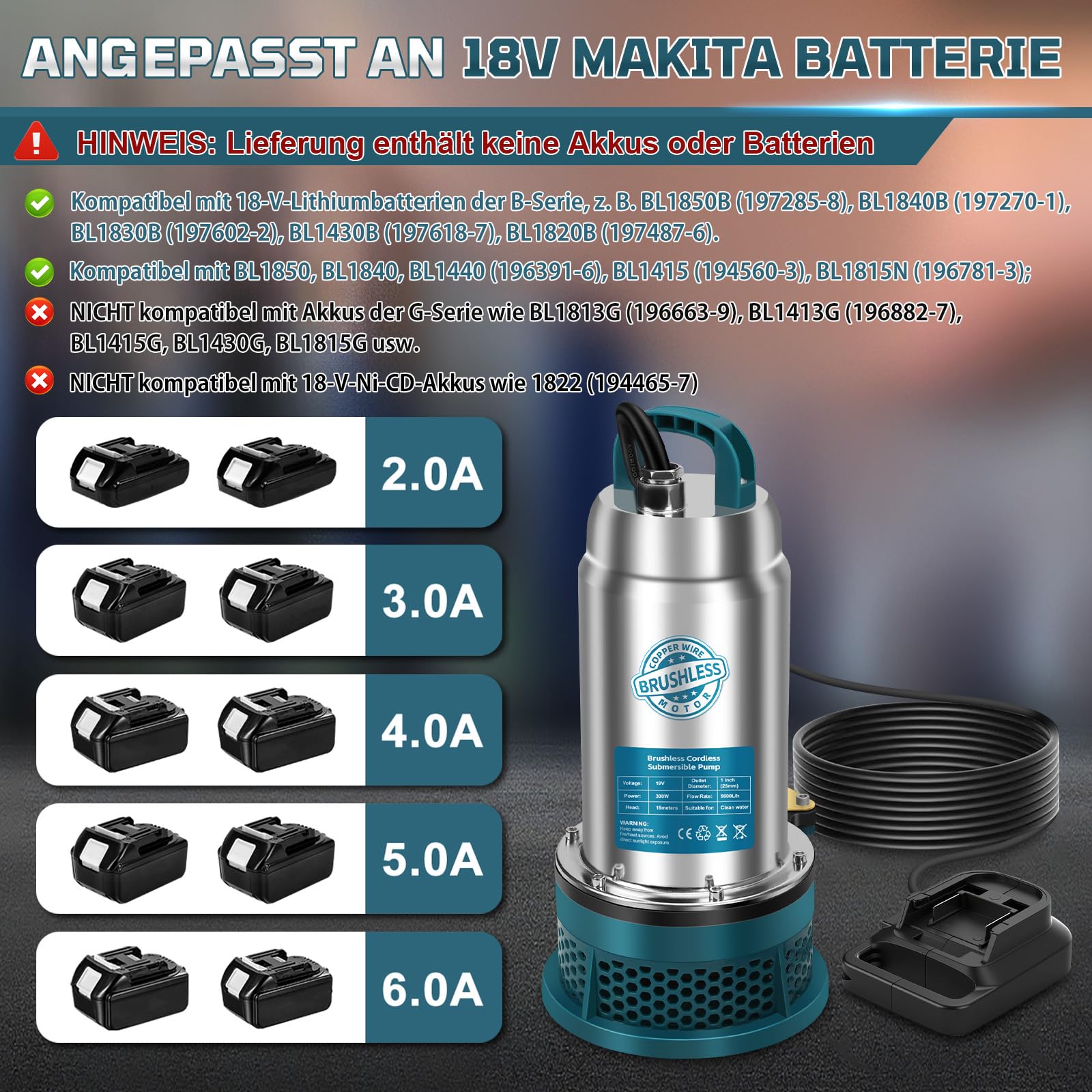 Pompa sommersa compatibile con batteria Makita da 18 V (senza batteria), pompa dell'acqua senza fili da 5000 l/h con tubo da 10 m, cavo di collegamento da 5 m, ideale per piscina, letto d'acqua