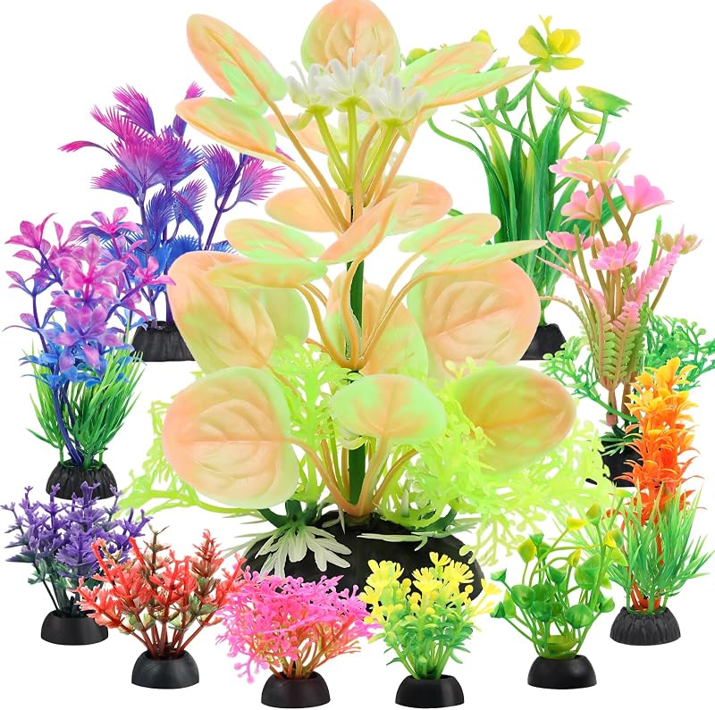 Plantas Artificiais para Aquário QUOZUO, Decoração Plástica Colorida com Bases, 11 Unidades