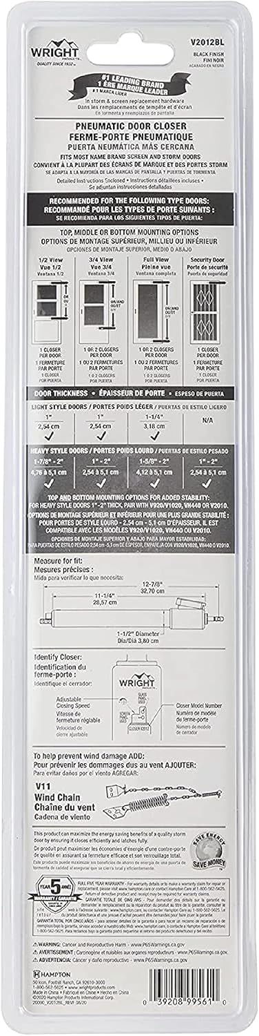 Wright Products V2012BL Heavy Duty Pneumatic Screen and Storm Door Closer with EZ-HOLD, Black
