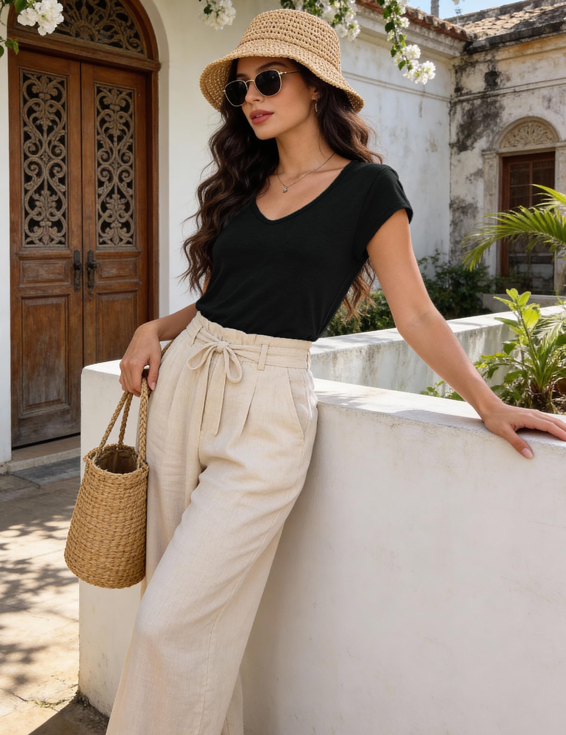 Camisetas Verano Mujer Básicas con Cuello en V Manga Corta Holgadas Ligeras de Color Liso S-XXL
