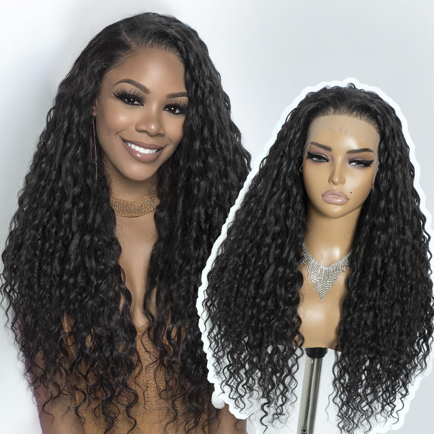 Joedir 26" Long Curly Lace Frontal Wig 13x6 Glueless HD Wigs Pre Plucked Natural Hairline Loose Deep Wave High Temperature Synthetic Wigs For Women(Dark Brown Color/Dark Chocolate)