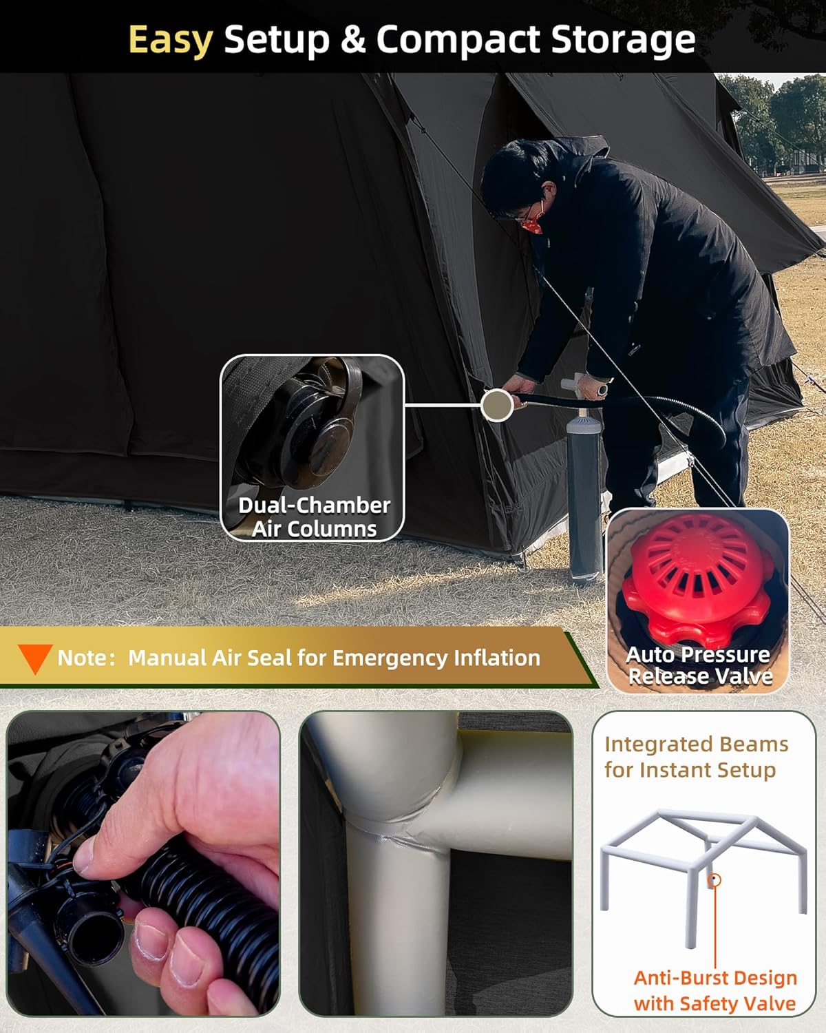 Cotton Inflatable Camping Tent, 2-4 Person, Windproof Glamping Design with Skylight, Instant Setup (2~4person(10.2'L X 8'W X 7'H)-Green)