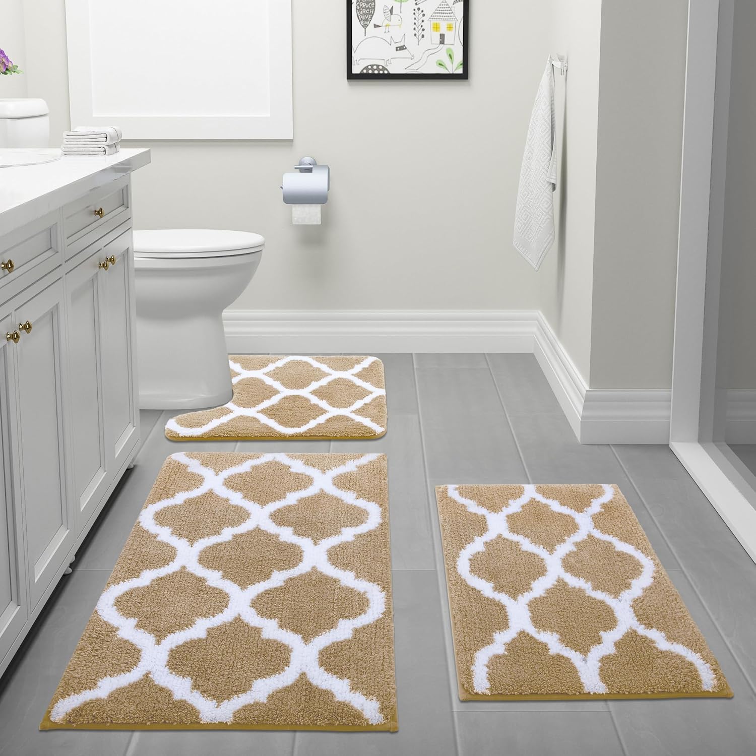 OLANLY Bathroom Rugs 3 Pieces, Microfiber Bath Rugs Size 24x16 and 30x20+24x20 in Beige 3 Item Bundle