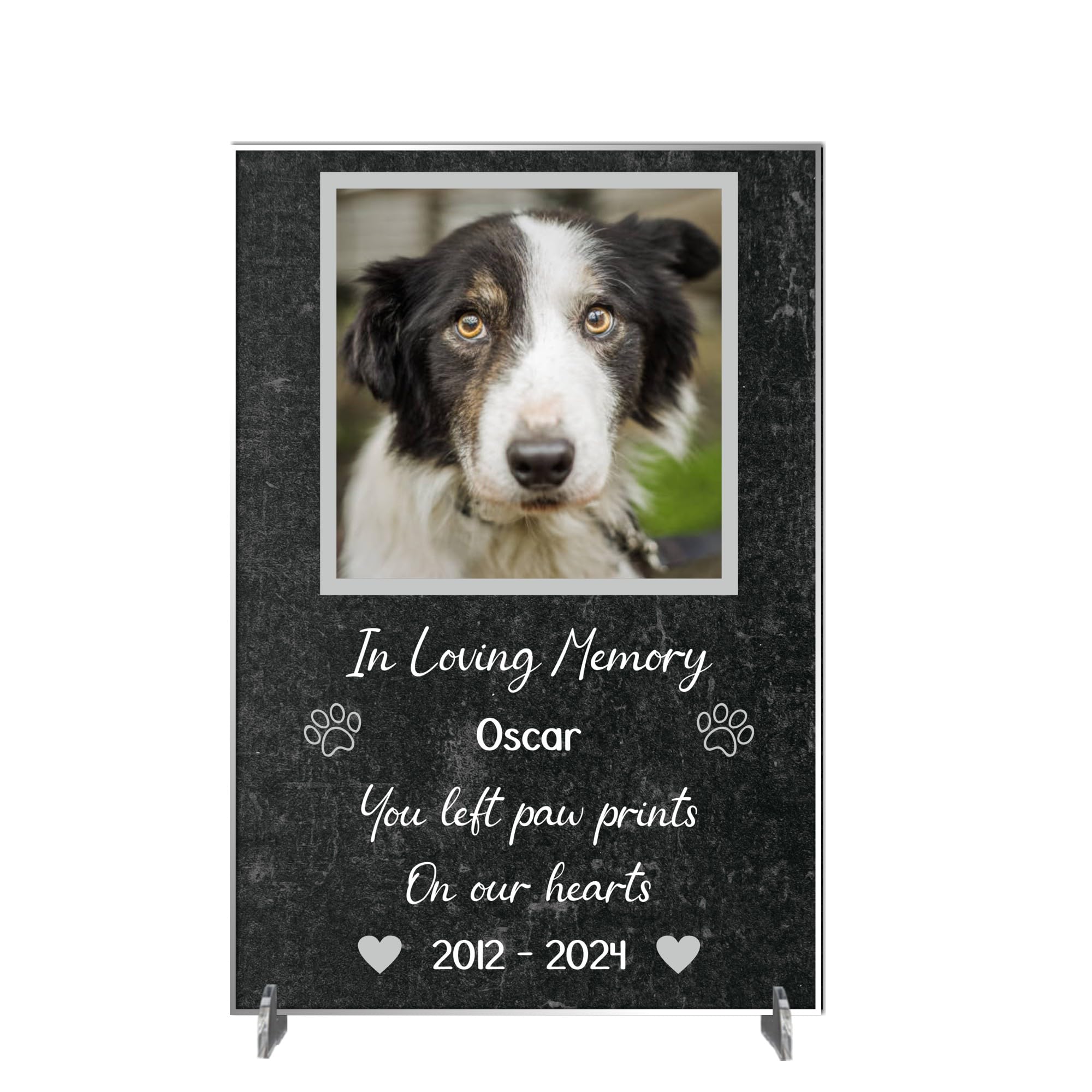 Personalised Pet Bereavement Photo Plaque - "Paw Prints on Our Hearts" Custom Memorial, Available in MDF or Acrylic, Size 148mm x 210mm (Acrylic A4 30cm x 21cm, Black)