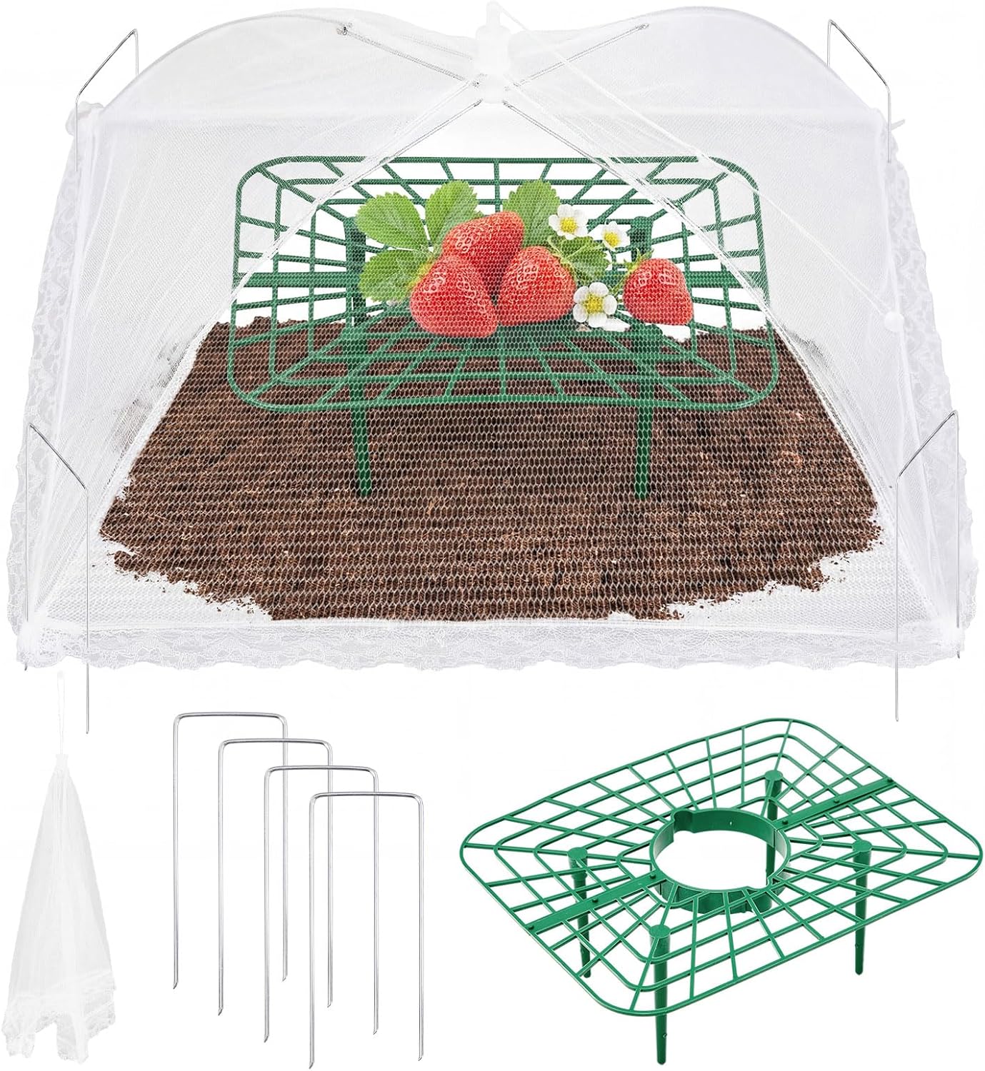 12 Sets Square Strawberry Plant Support with Mesh Plant Cover, Strawberry Growing Kit with Iron Nails for Garden Vegetables Keep Berries Clean