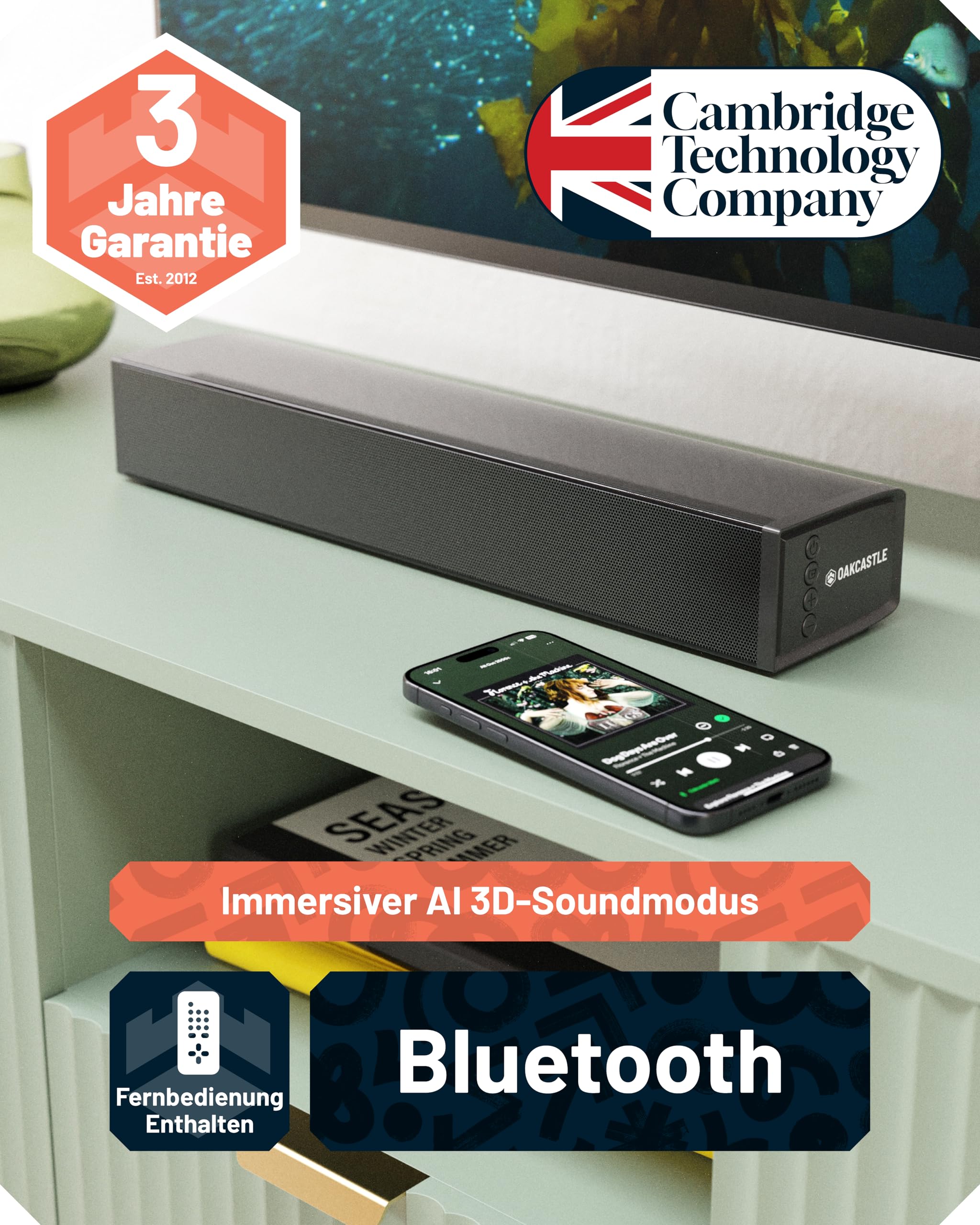 Oakcastle SB40 Soundbar für TV Geräte | Bluetooth Mini Sound Bar | 60W 2.0 TV Lautsprecher für Fernseher | PC Gaming Soundbar | HDMI ARC Sound Bar mit AUX | Inklusive Wandhalterung und Fernbedienung