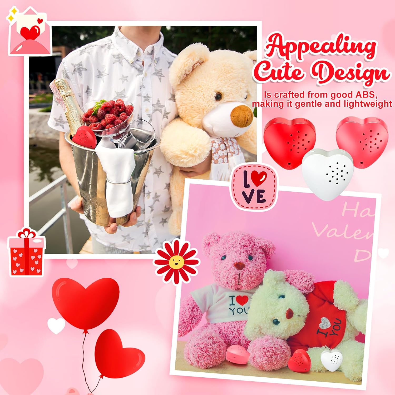 Copkim 6 Pcs 20 Seconds Valentine's Voice Recorder for Stuffed Animal Heart Shape Sound Recorder Push Button Recordable Device Sound Module for Gift Recording Voice Message (Red, White, Pink)