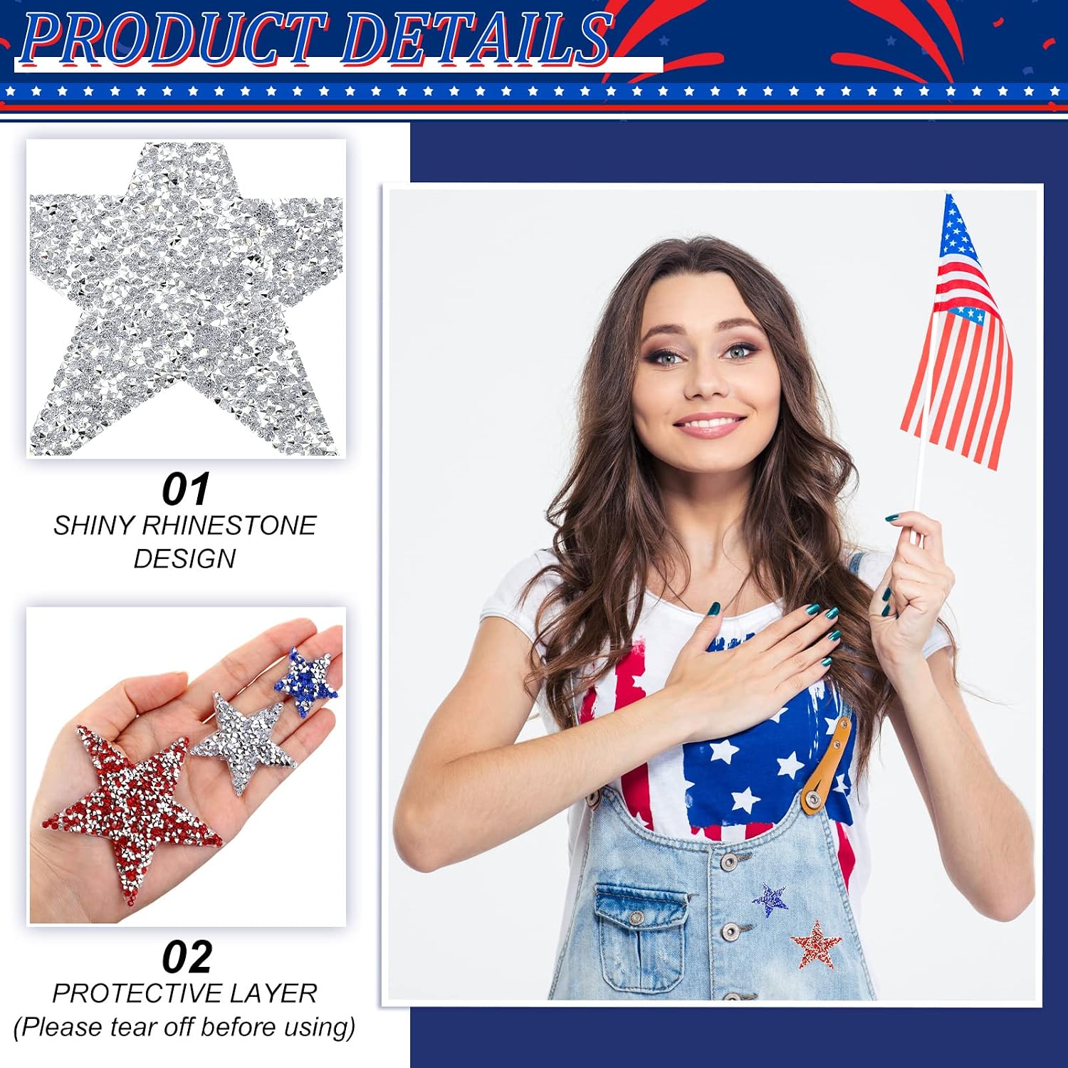 Syhood 32 Pieces Patriotic Iron on Star Patches Adhesive Glitter Star Rhinestone DIY Patches Appliques Embellishments for Memorial Day Decoration Clothing Jeans Repair, 5 Sizes(Red, Silver, Blue)