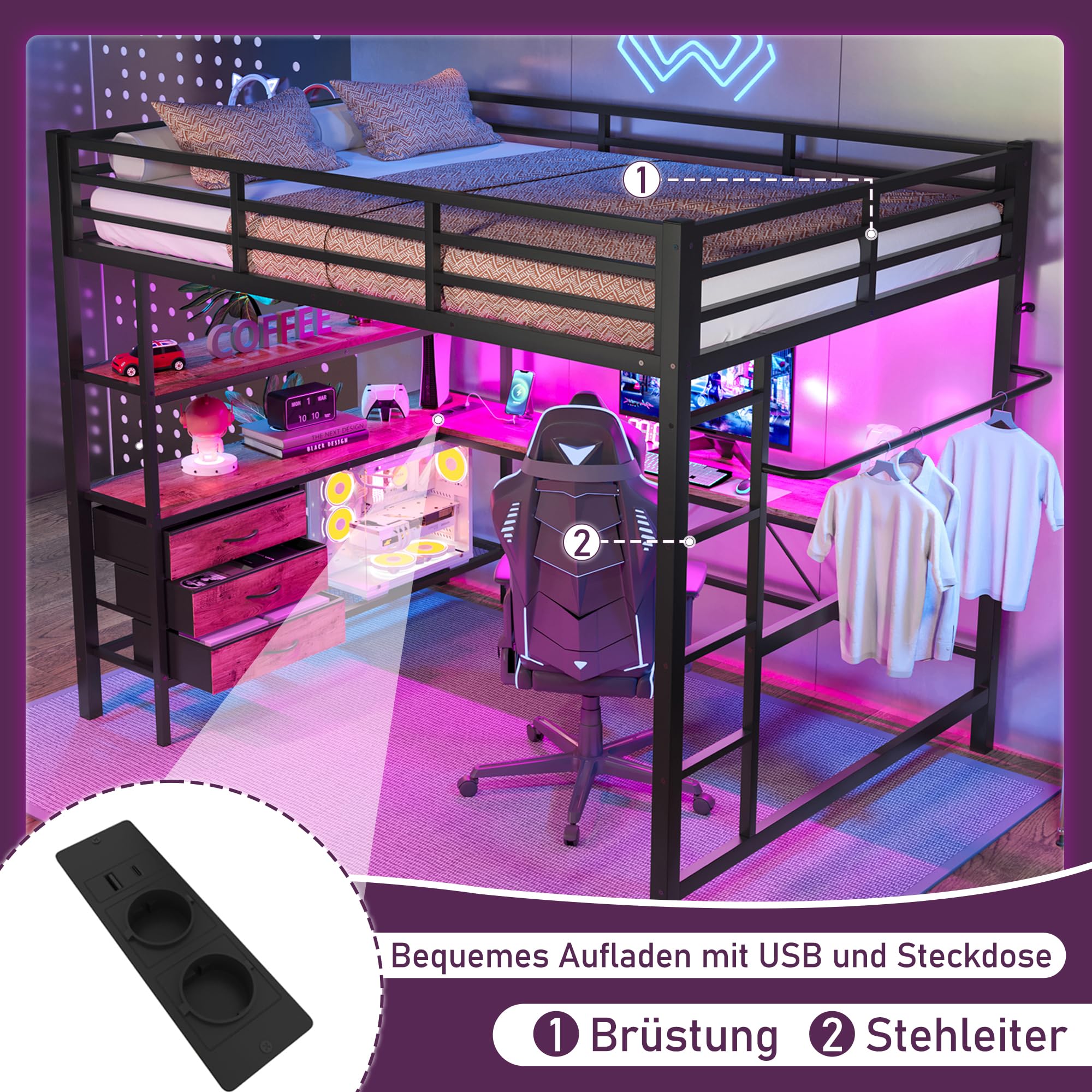 Sapgaks Lit Mezzanine Enfant 90x200cm avec éclairage LED et Bureau et Prise + USB,lit Mezzanine 1 Place avec 3 tiroirs,lit superposé Adulte étagères,Rampe,escalier,sans Matelas (Black 90 * 200cm)