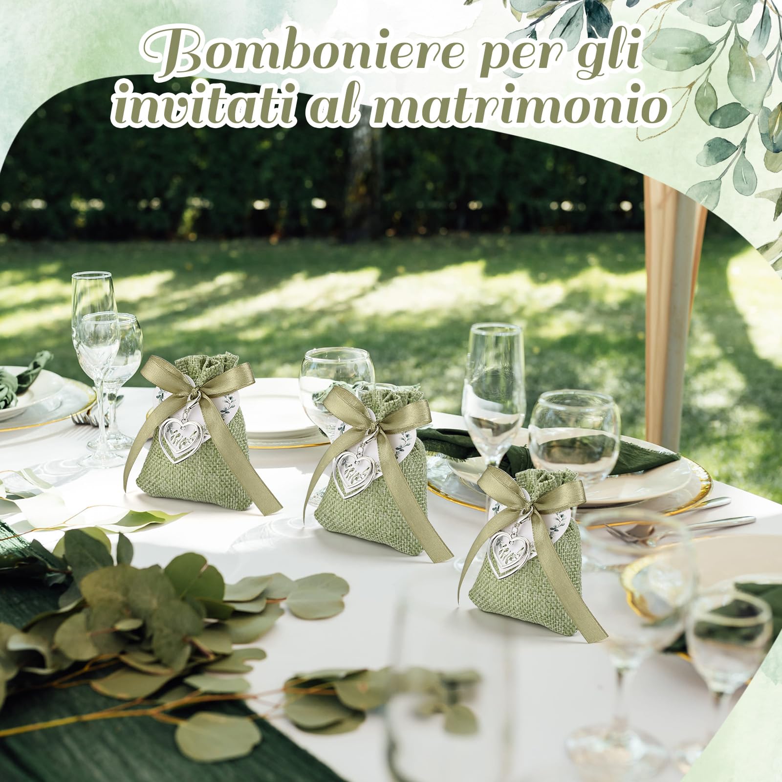 BBTO 36 Set Sacchetti per Confetti in Lino Sacchettini Bomboniere Matrimonio Comunione Cresima con Portachiavi Cuore e Bigliettino Nastri Sacchetti Regalo per Fidanzamento Battesimo Festa