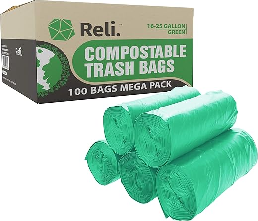 Reli. Compostable 16-25 Gallon Trash Bags | 100 Count Bulk | ASTM D6400 | Green | Eco-Friendly | For Compost