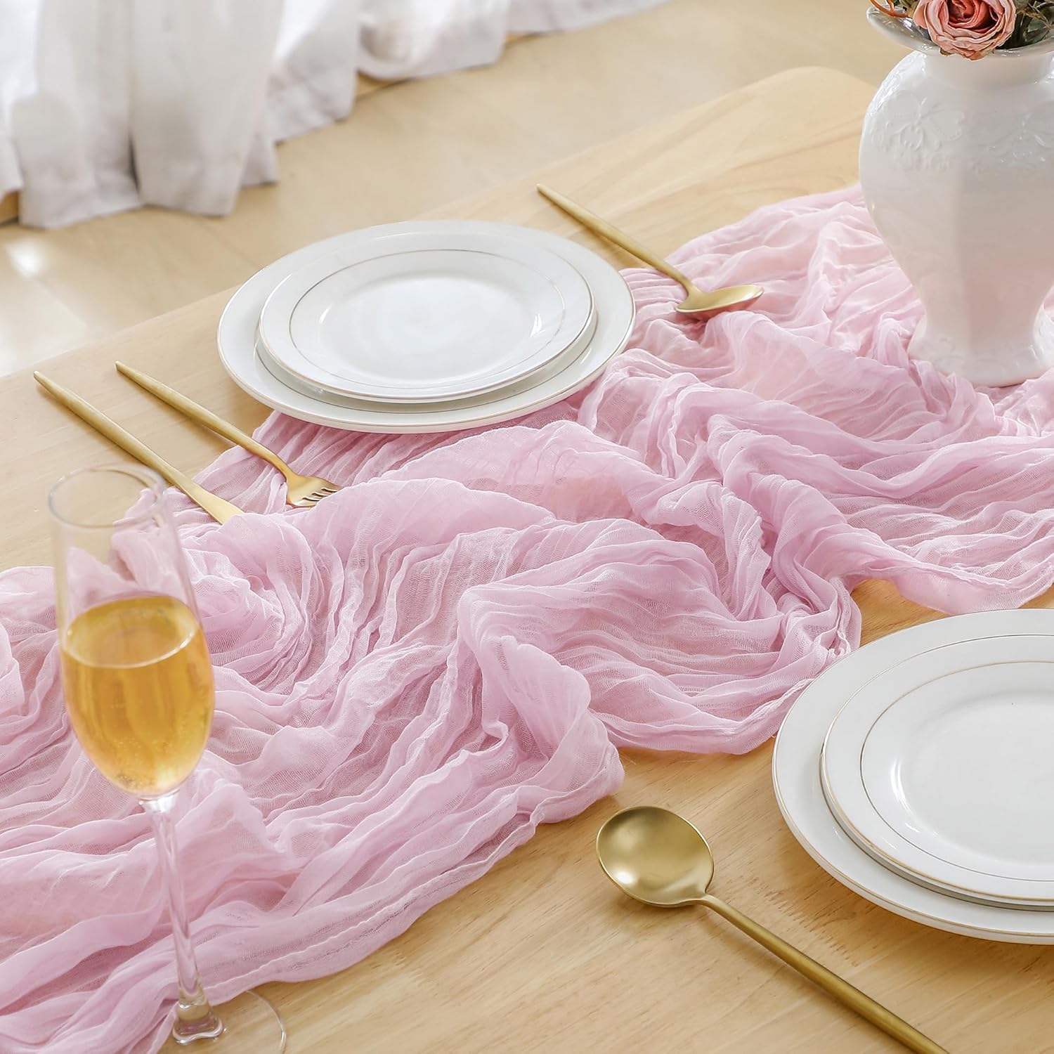 4 Pack Pink 10ft Cheesecloth Table Runner, Boho 35x120 Inch Long, Gauze Table Runner Decor for Baby Shower Bridal Shower or Wedding Party
