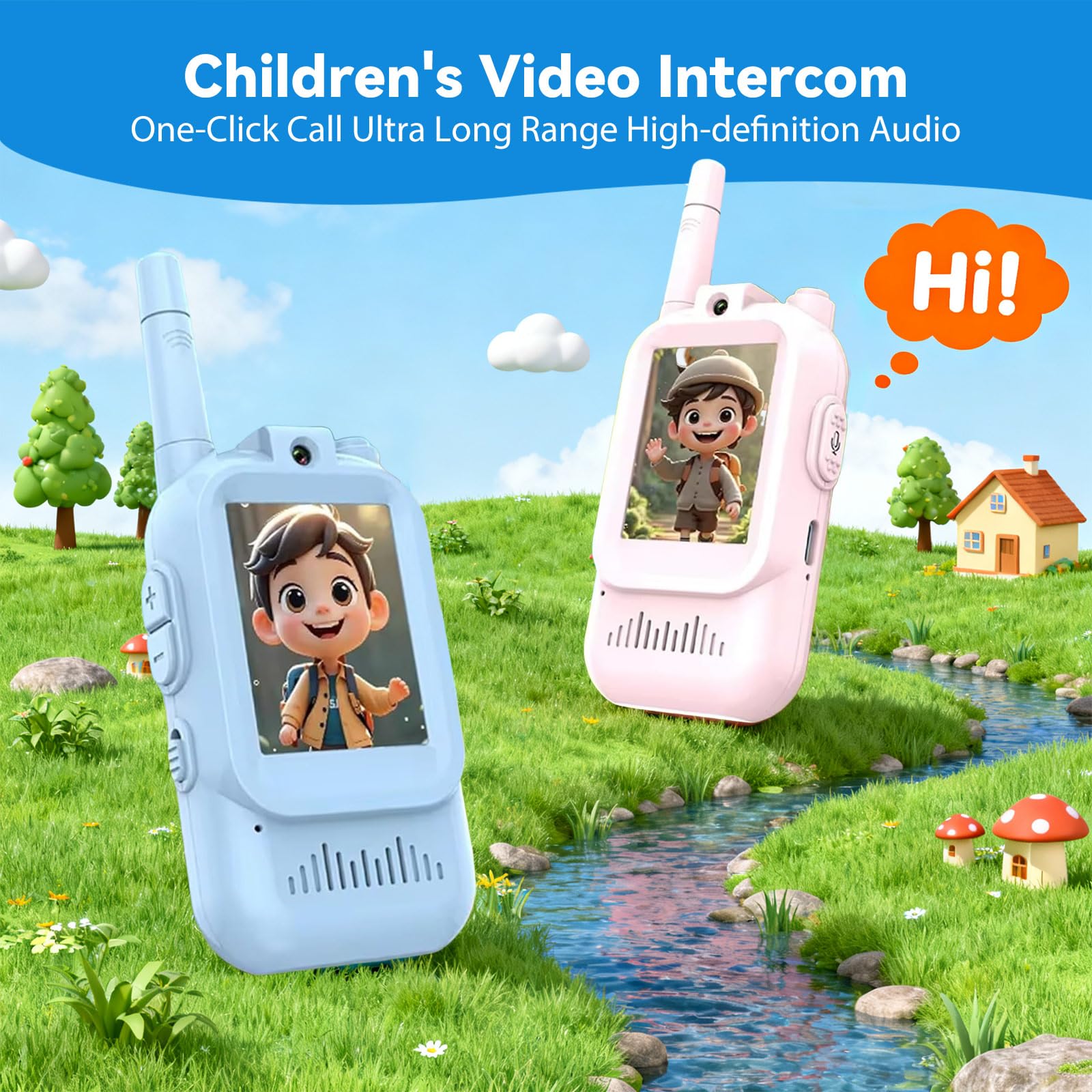 Talkie Walkie Enfants avec Vidéo & Caméra HD, Talkie-Walkie Rechargeable USB (650mAh), 4 Modes de Voix Changée, Portée 100-400m, Cadeau pour Garçons/Filles (Bleu + Rose)
