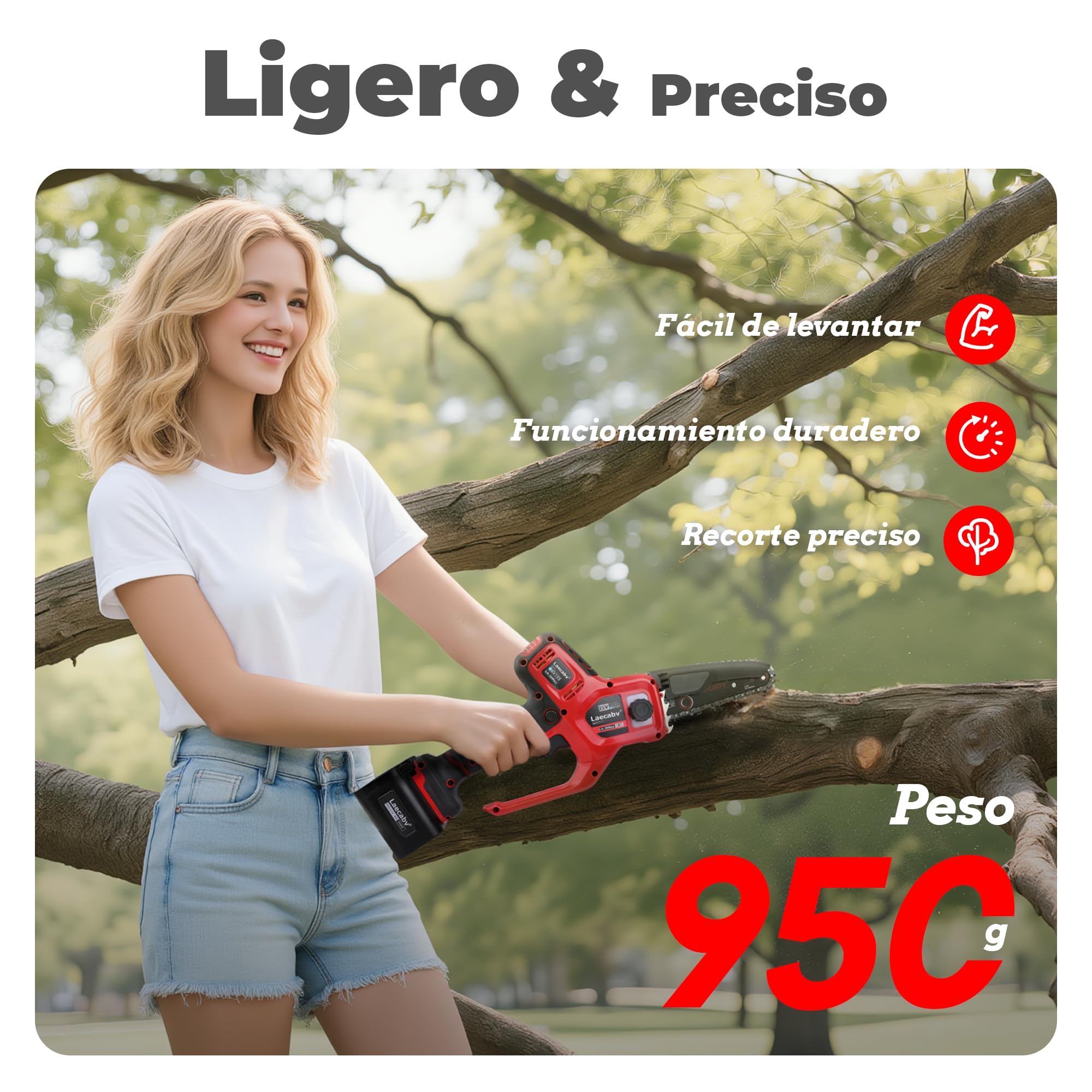 Mini Motosierra Bateria 6 Pulgadas, Motosierra de Mano de 6 Pulgadas, 2 Baterías de 4Ah y Cargador, 2 Cadenas, Motosierra Eléctrica de Una Mano para Árboles de Jardín (LA-J6Max)