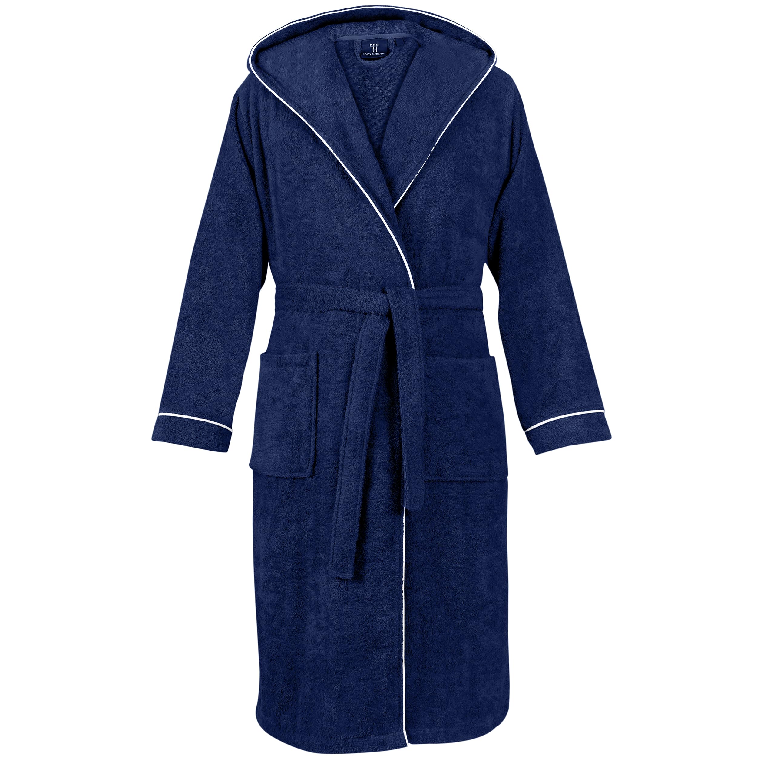 LAYNENBURG Bademantel Herren Frottee - Kapuze - Lang - 100% Baumwolle (360g/m2) - OEKO TEX Standard 100 - Größe (XXL, Blau)