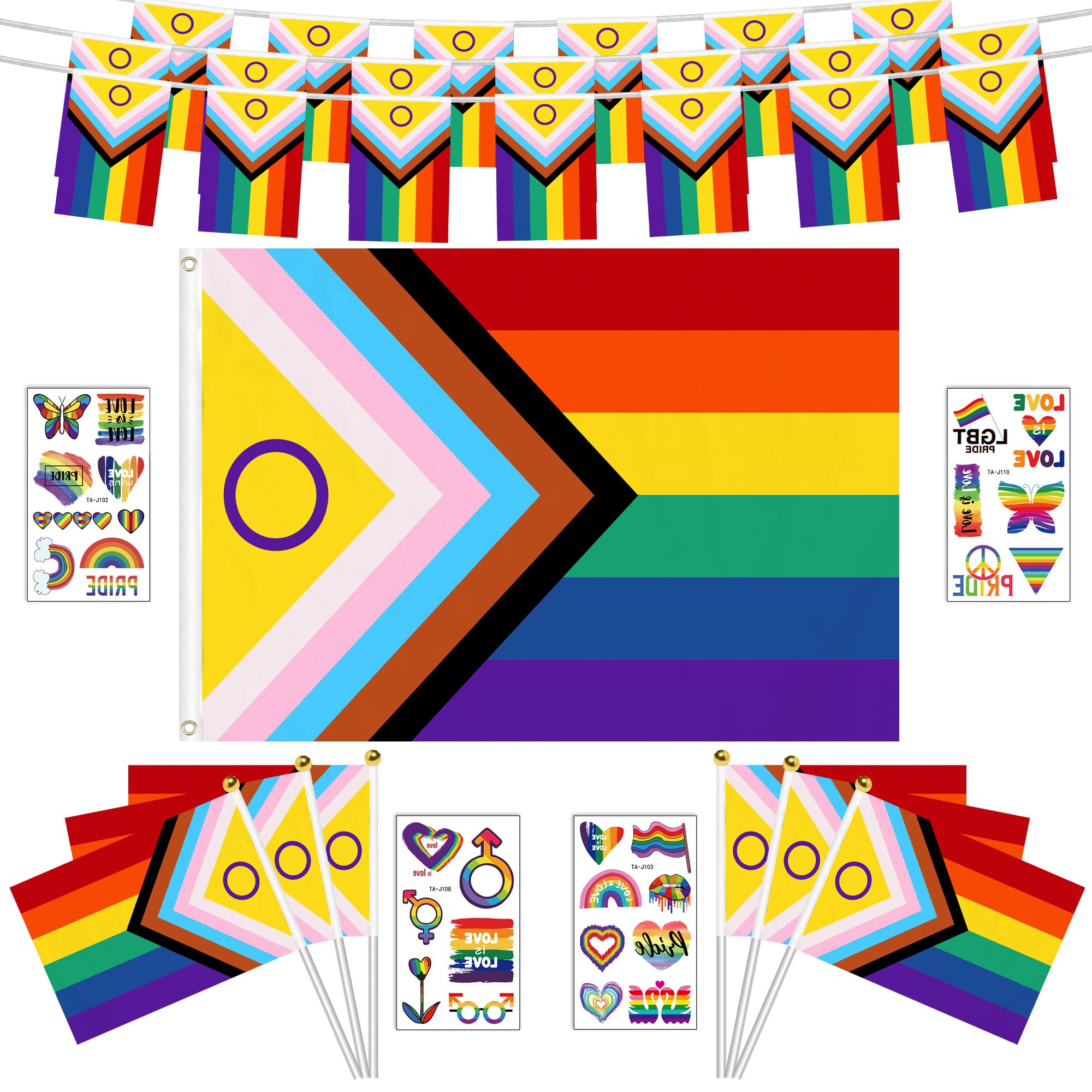 Gay Accessories LGBTQ Flag Rainbow +20 Pennant Buntings +15pcs Small Pride Flags +4 Pride Tattoos Stickers Party Gay Parade Celebration Decoration for Pride Parade Carnival Rainbow Gay Pride Stickers