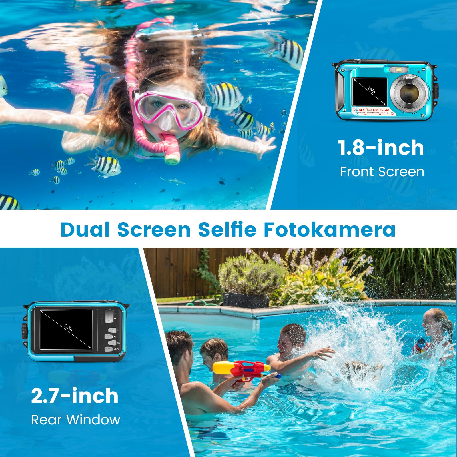 Caméra sous-Marine 1080P Full HD 2.7K 48MP 16x Zoom numérique Double écran Etanche