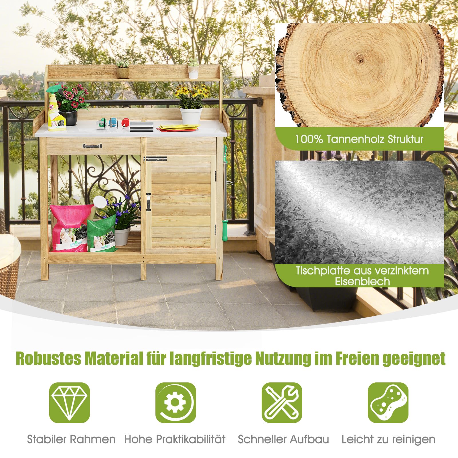 RELAX4LIFE Pflanztisch, Gartenarbeitstisch mit verzinkt Arbeitsplatte, Gärtnertisch aus Holz, Blumentisch mit 3 Haken, Schubladen, Unterschrank und offenem Regal, Gartentisch Wetterfest, 112x46x125 cm