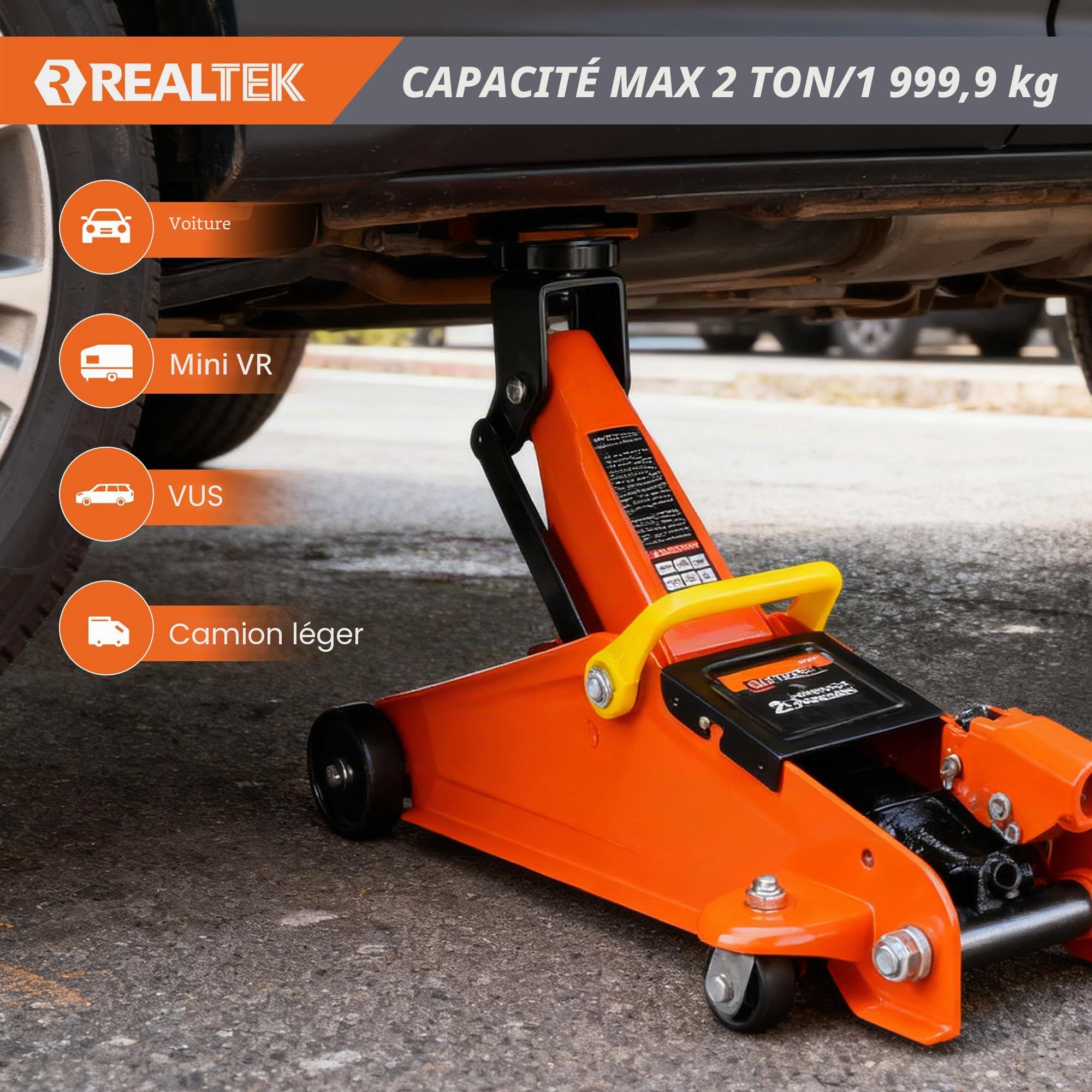 REALTEK Cric hydraulique 2 tonnes, Hauteur de Levage 135-340 mm | Cric pour voiture avec patins en caoutchouc, Plat, roues à 360°