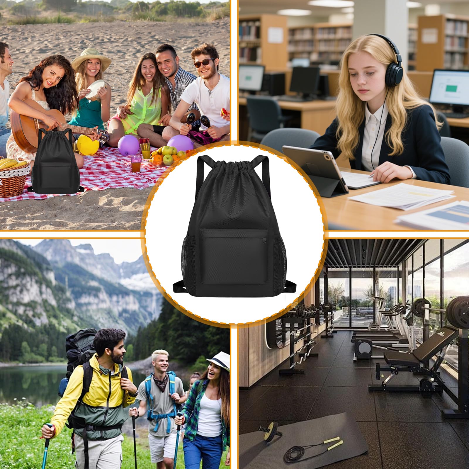 Foonary Bolsa de deporte con cordón, bolsa de deporte impermeable de gran capacidad, bolsa de deporte con cordón, bolsa de deporte negra para hombre y mujer, para deporte, uso diario, viajes, salidas — view 7