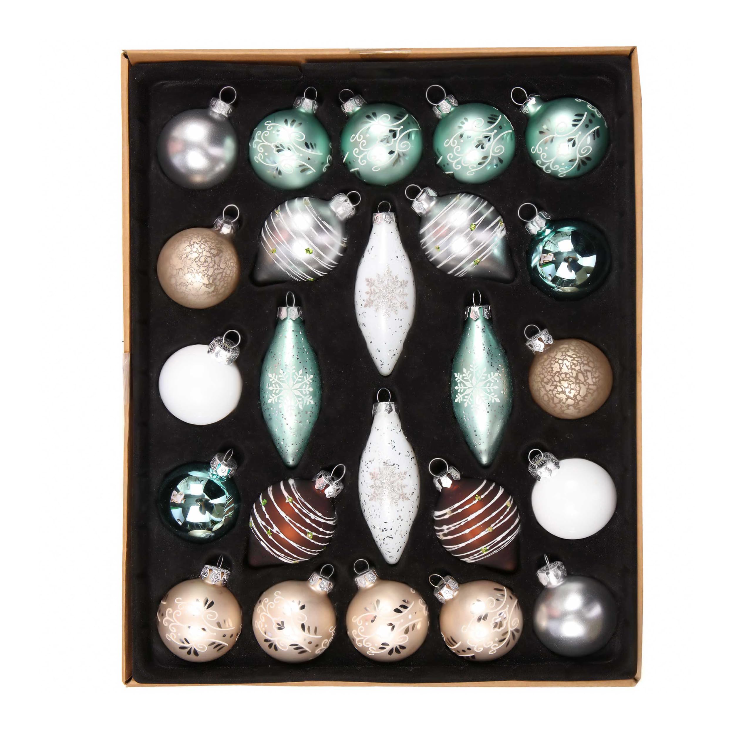 Valery Madelyn Ensemble de Boules de Noël en Verre - Blanc, Marron, Argent et Vert 24 pcs 6-10 cm - Ornements pour Décoration d'Arbre et Sapin