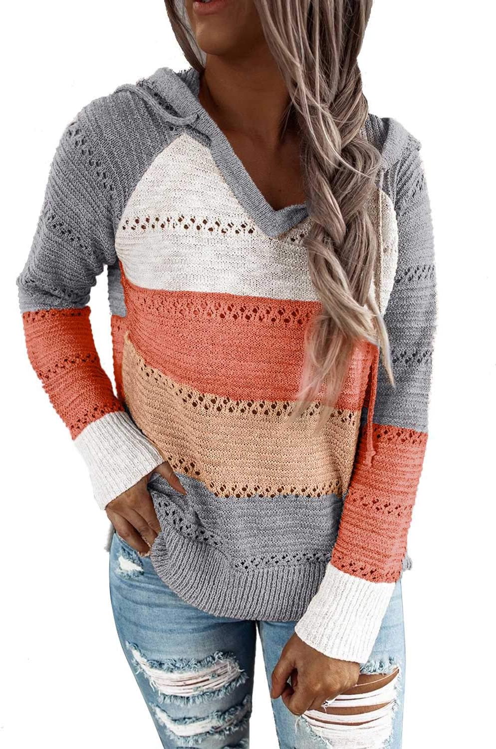 FEKOAFE Women’s 2025 Fall Striped Color Block Hoodies Fashion V Neck Knit Sweater Pullovers
