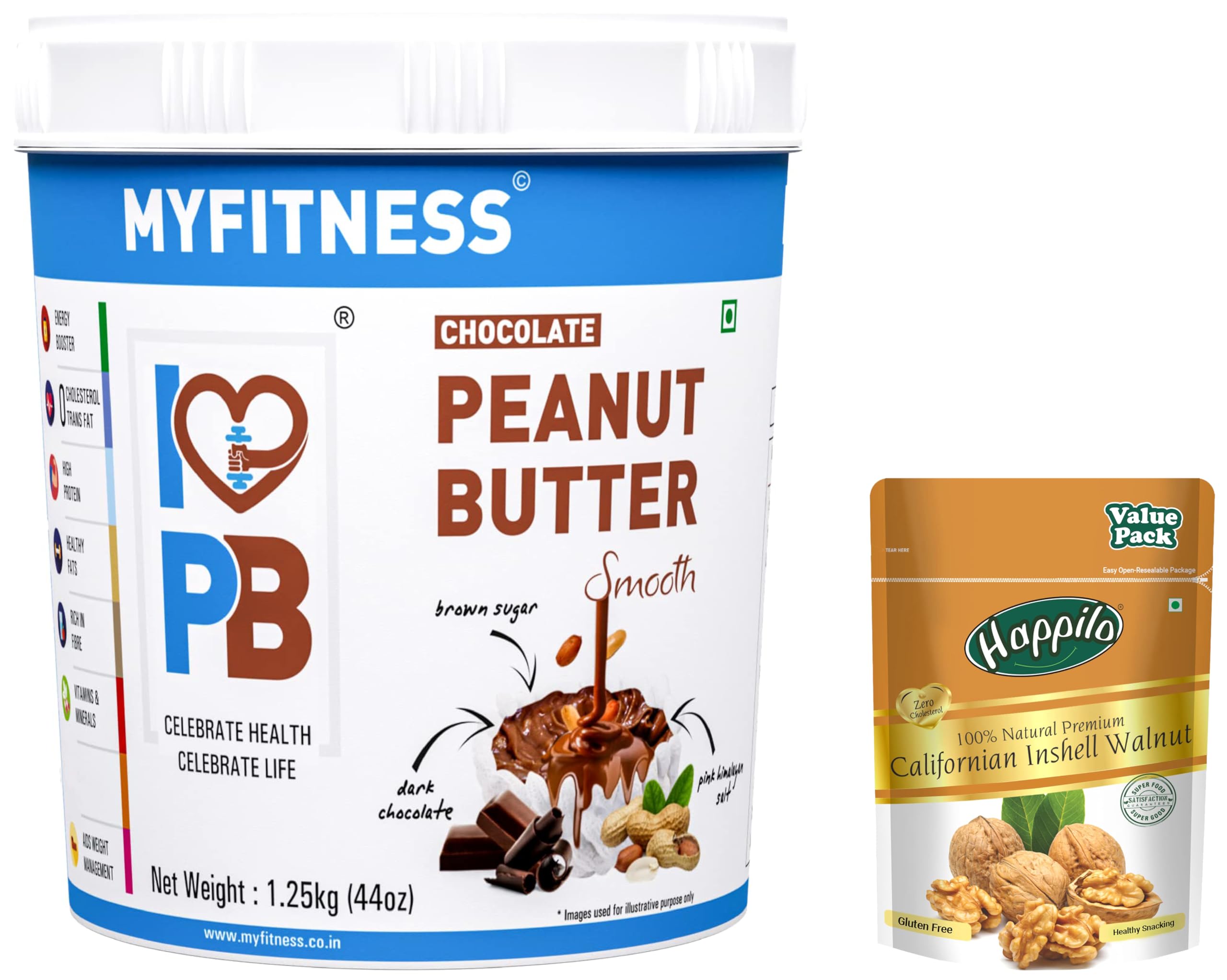 MYFITNESS Chocolate Peanut Butter Smooth 1250g | 22g Protein & Happilo Premium 100% Natural Californian InShell Walnut Kernels, 500g