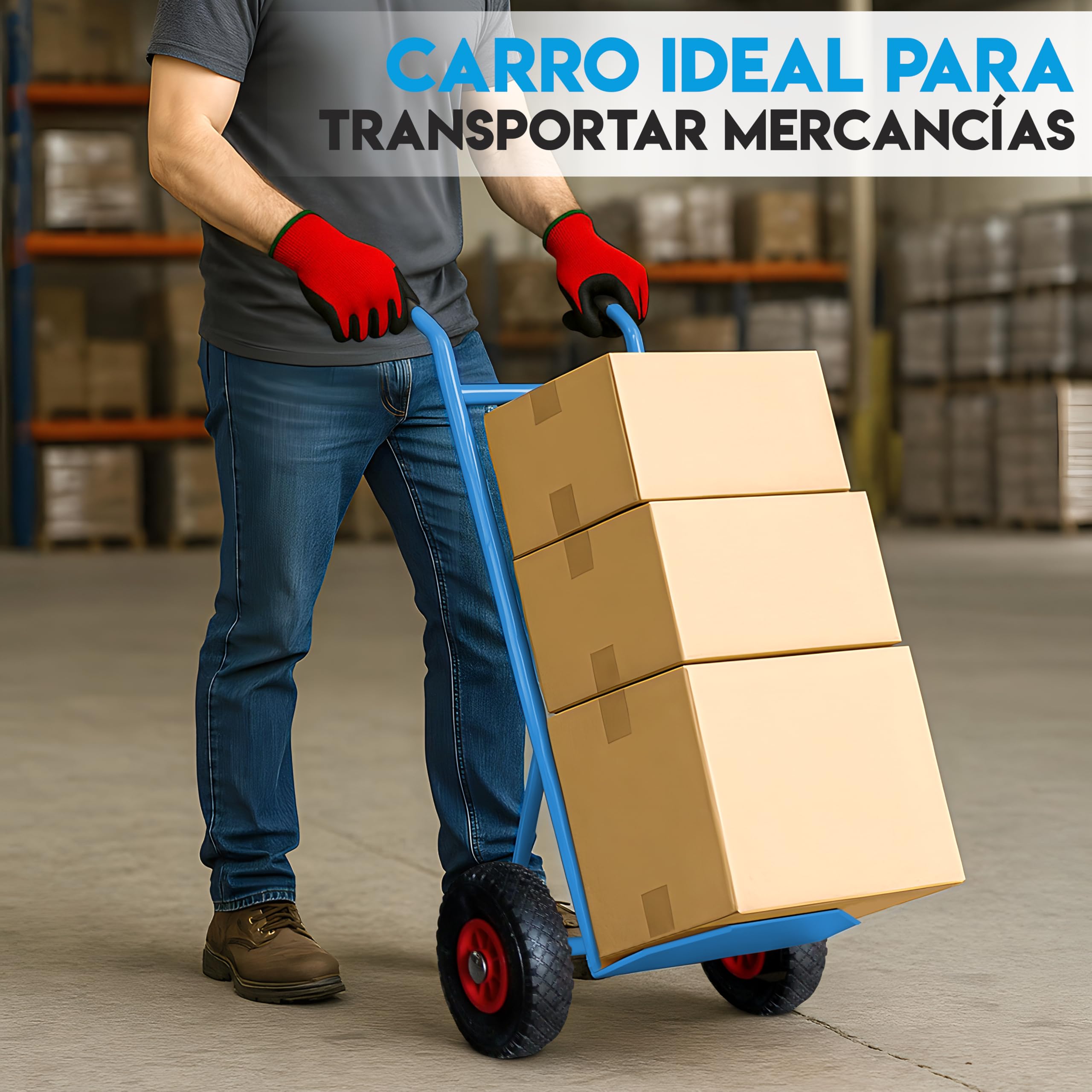 Carretilla de Mano 350 kg Industrial con Estructura de Acero y Ruedas reforzadas neumaticos hinchables Carro de Carga Cajas almacen Muebles Jardin y Obras Carrillo de Seguridad Azul metalico