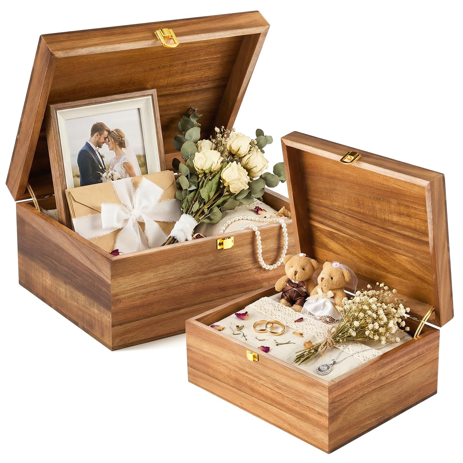 Vicenpal Erinnerungsboxen aus Holz mit Scharnierdeckel, Akazienholz, Größe S & L, 28 x 22 x 12 cm und 17 x 13 x 8,9 cm, dekorative Truhe für Bastelarbeiten, Fotokarte, Schmuck, Hochzeit, ideales
