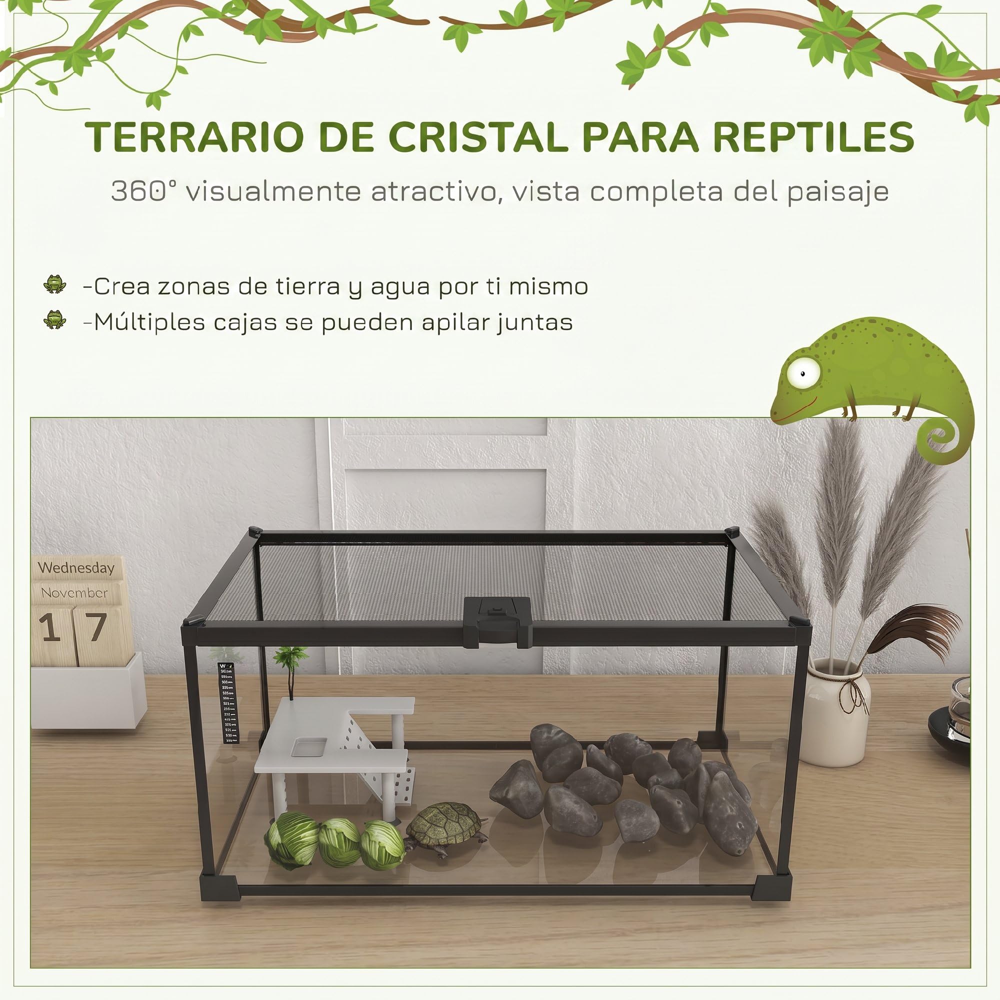 PawHut Tanque de Tortugas de Agua de Vidrio Templado con Termómetro Negro