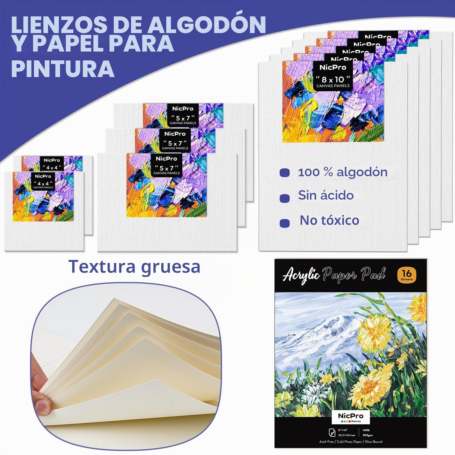 Nicpro Juego de lienzos de pintura acrílica para adultos, kit de 80 piezas de suministros de pintura artística con 36 pinturas (36 ml), caballete de madera de mesa, 10 paneles de lienzo, 12 pinceles,