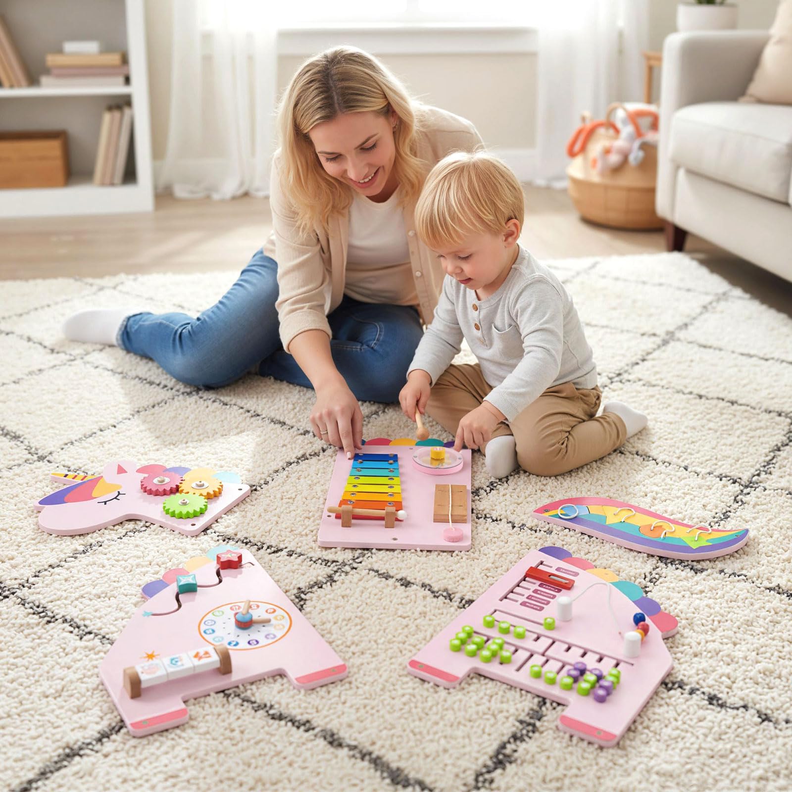 COSTWAY Montessori Busy Board, drewniana deska motoryczna 11 w 1 z ksylofonem, bloki, zegar, liczydło i części obrotowe, motoryka, zabawka Montessori, zabawka motoryczna dla dzieci od 1 roku życia