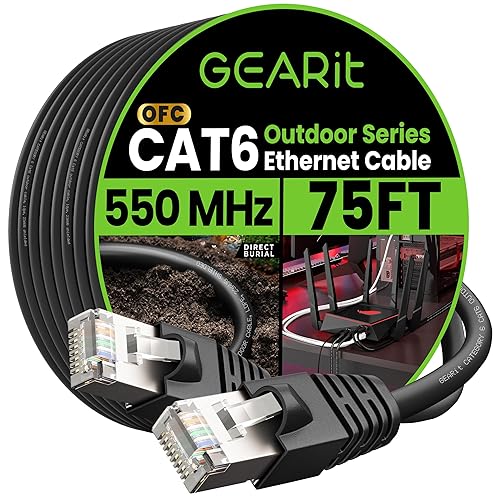 GearIT Cable Ethernet Cat6 para exteriores (75 pies), 23 AWG, cobre puro, FTP, LLDPE, impermeable, entierro directo, en tierra, resistente a los