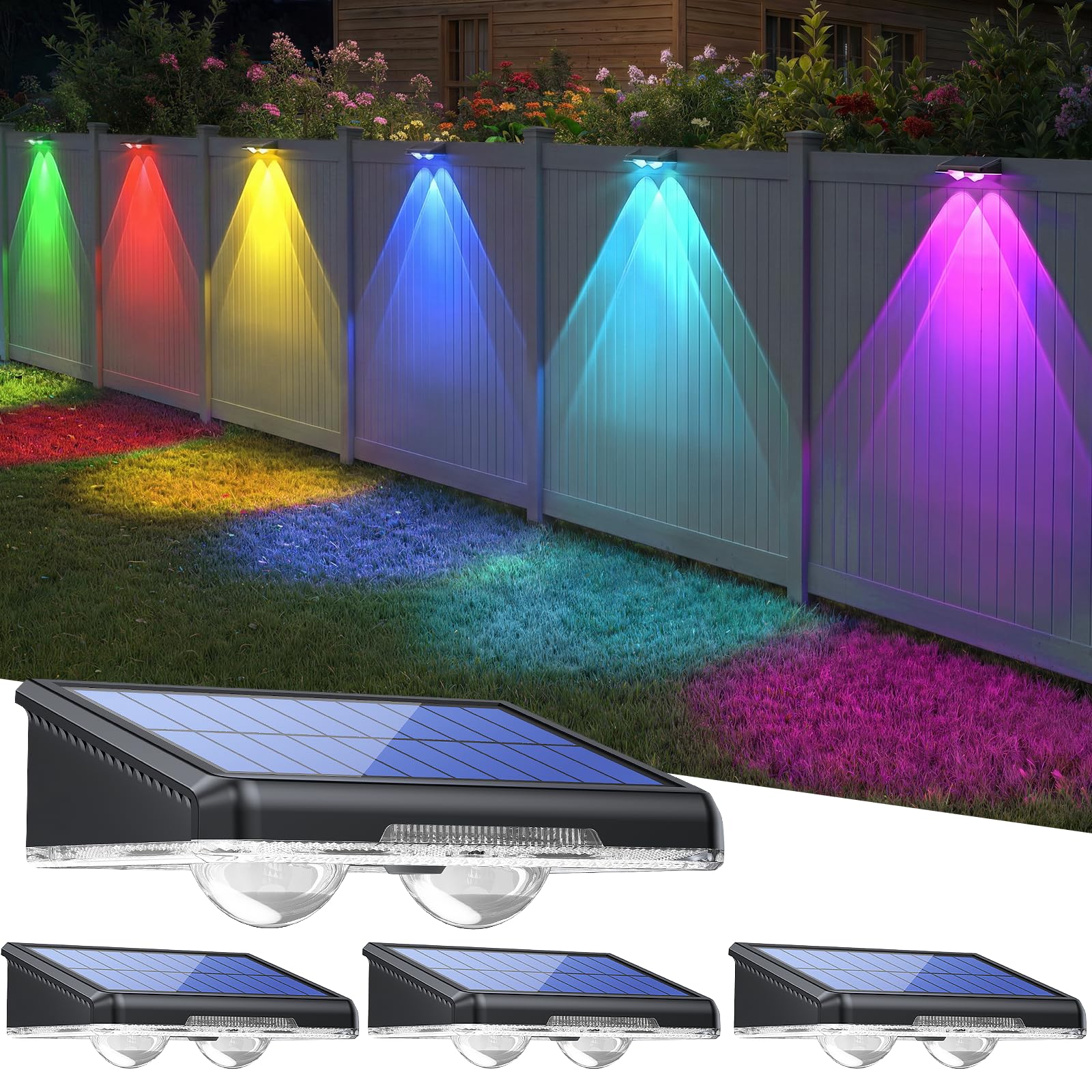 TECKNET Solar Fence Lights Outdoor Garden, 4 Pack Solar Wall Lights Outdoor IP65 Waterproof, Bright Solar Powered Garden Fence Lights RGB Mode for Outside Deck Patio Decking Gate Yard Decoration