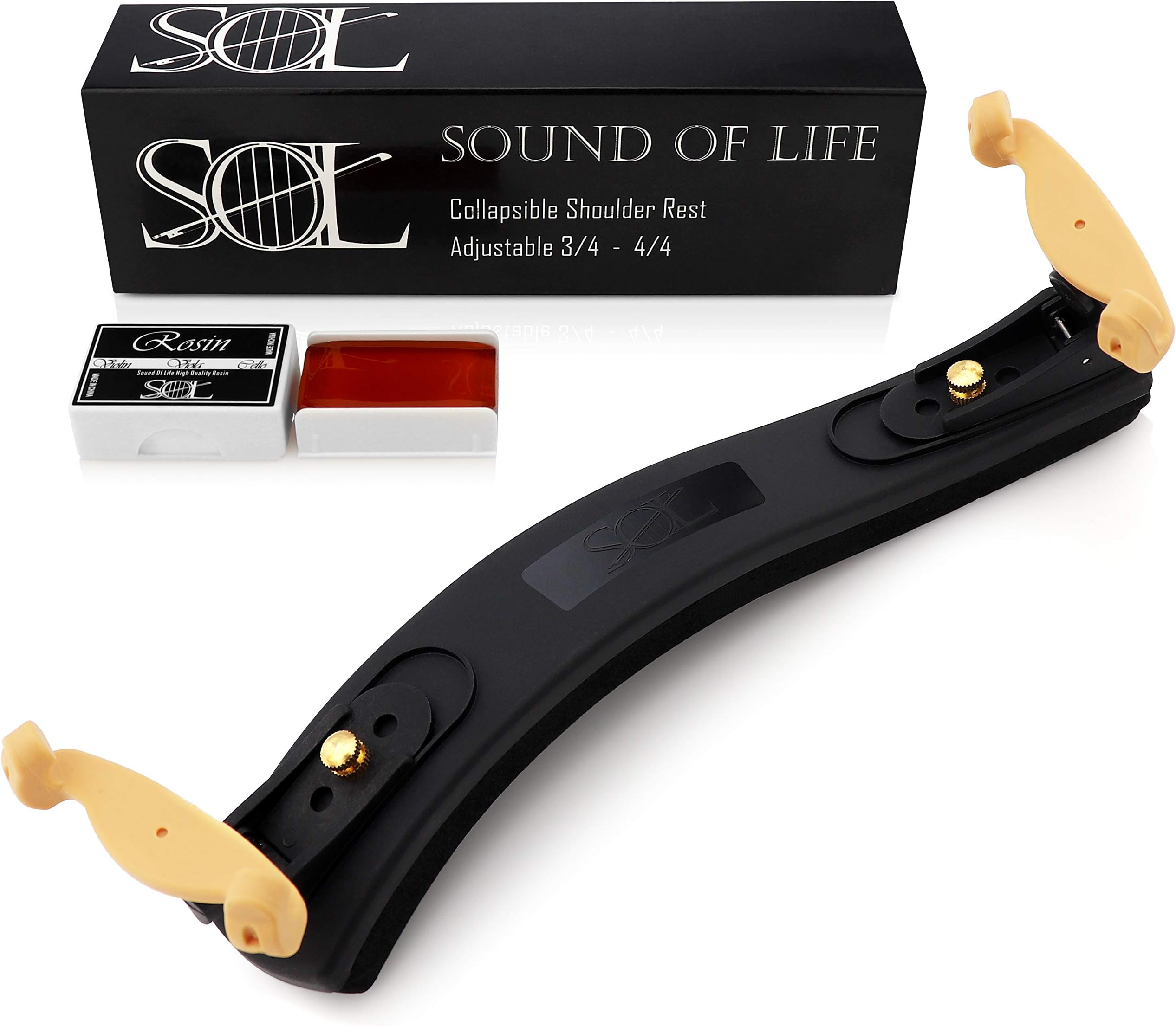 SOL Universal Violin Shoulder Rest with 2 Rosin Stones - Adjustable Collapsible Fiddle Pad with Gel Feet for 3/4 and 4/4 Violins