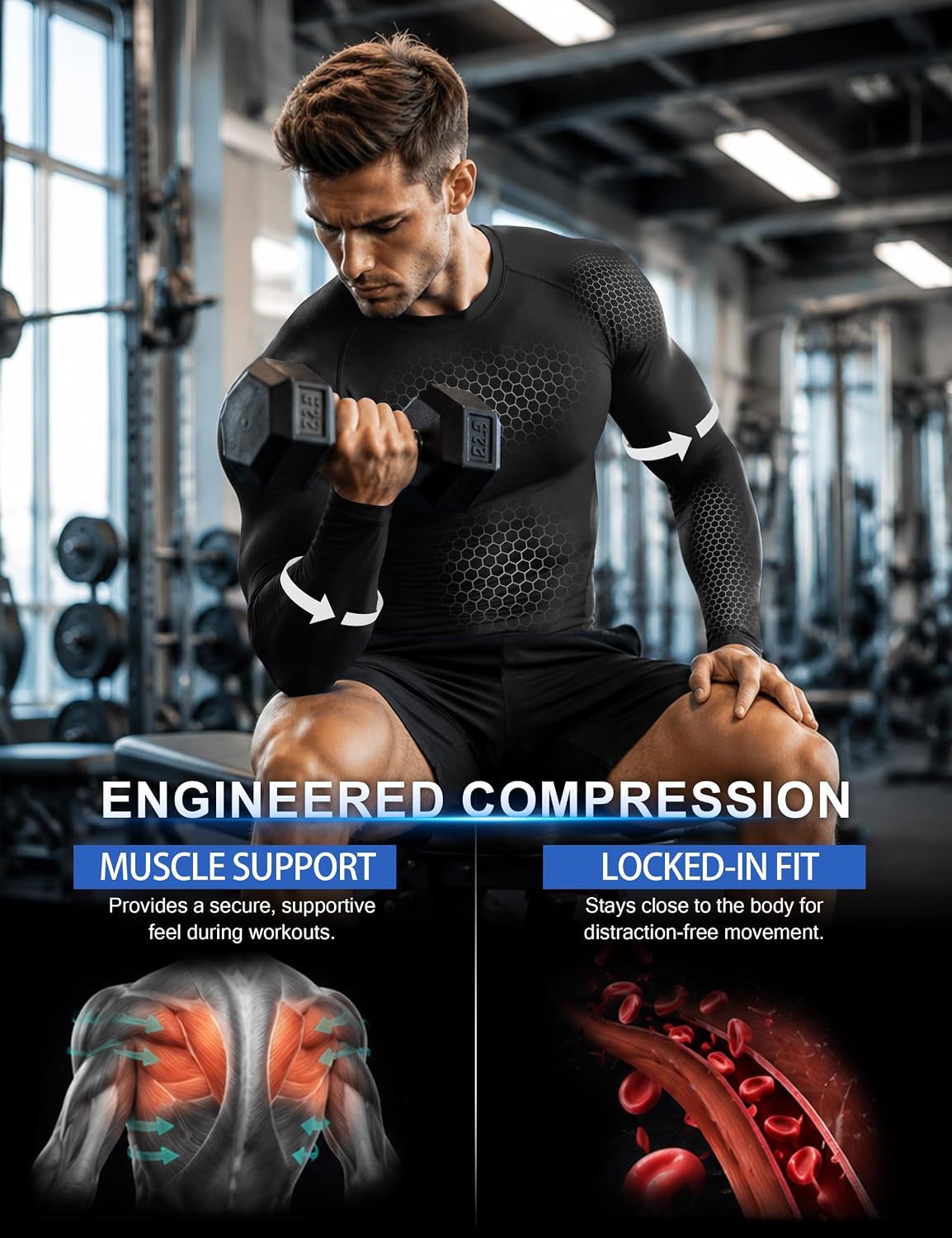 Roadbox Men's Compression Shirts Long Sleeve, UPF 50+ Base Layer Undershirts, Cool Dry Workout Gym Tops for Running Football