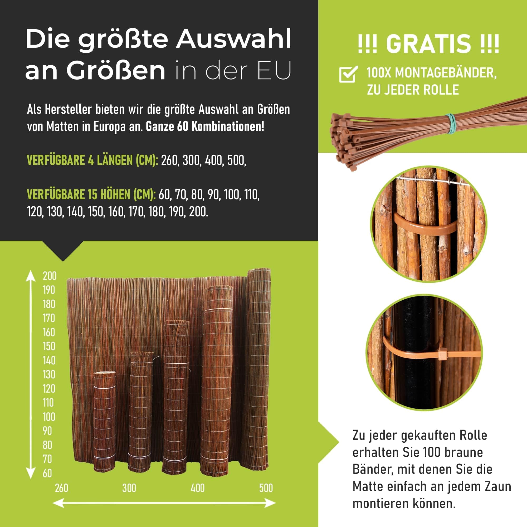 Weidenmatte 90 x 500 cm - natürlicher Sichtschutz für Garten, Balkon und Terrasse, Sichtschutzzaun in 60 Größen, Sichtschutzmatte Gartenzaun - Windschutz & Sonnenschutz