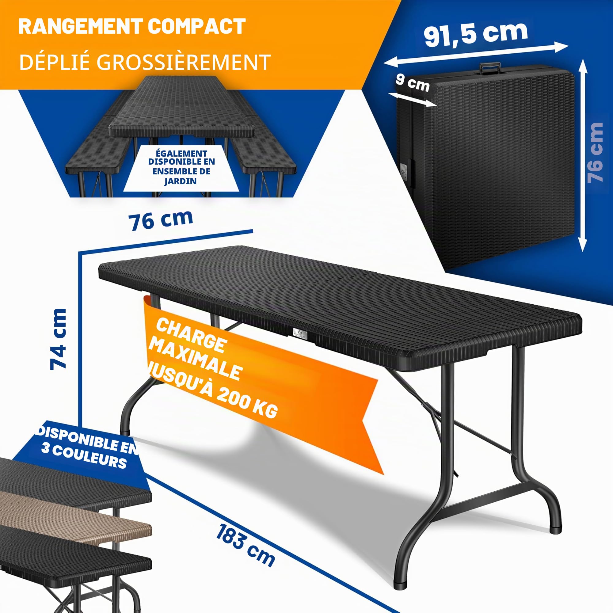 KESSER® Table de Buffet Pliante en Plastique 180x75 cm - Aspect Rotin pour Camping, Fête, Jardin, Terrasse et Balcon - Anthracite