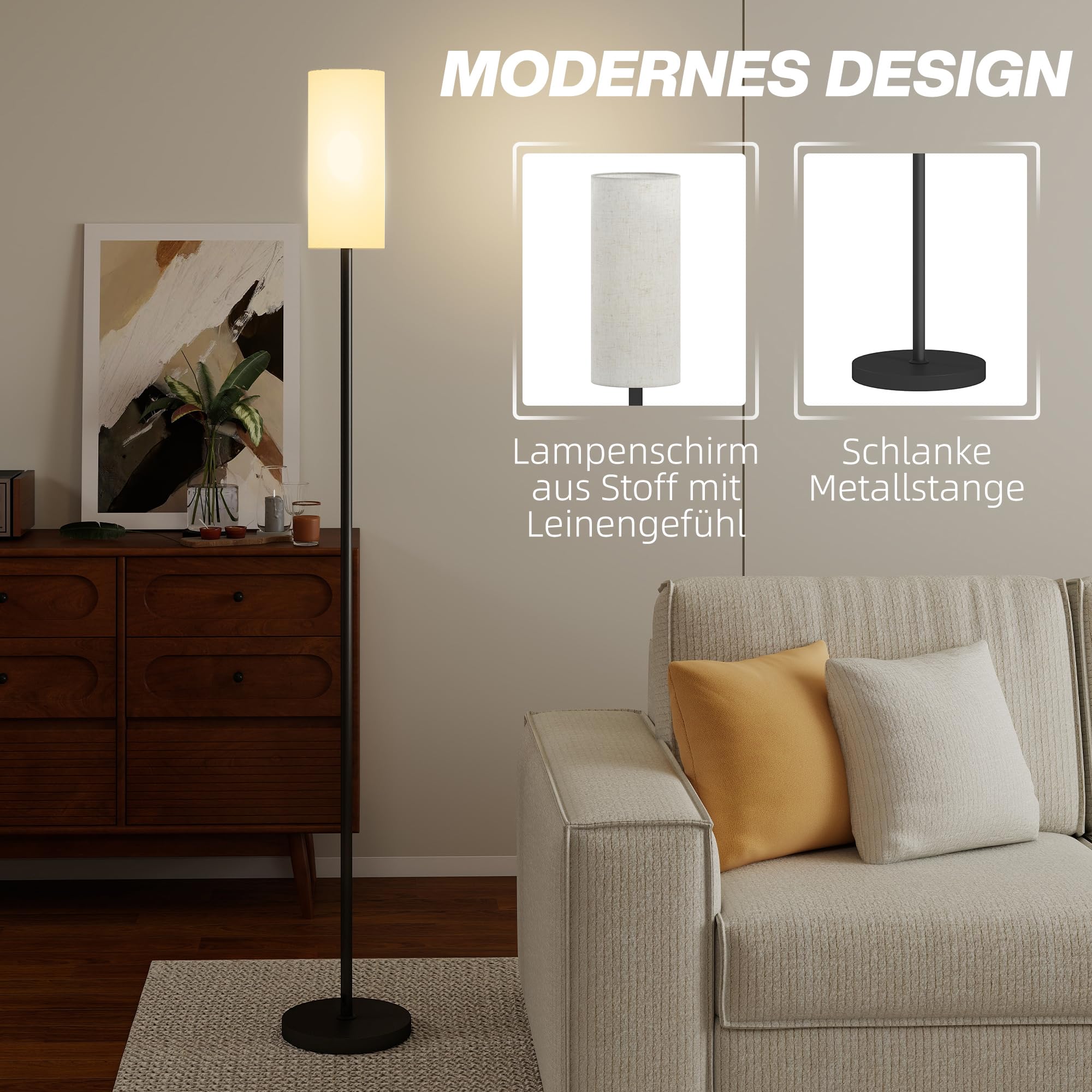 HOMCOM Lampe sur pied avec abat-jour en tissu, douille E27, blanc