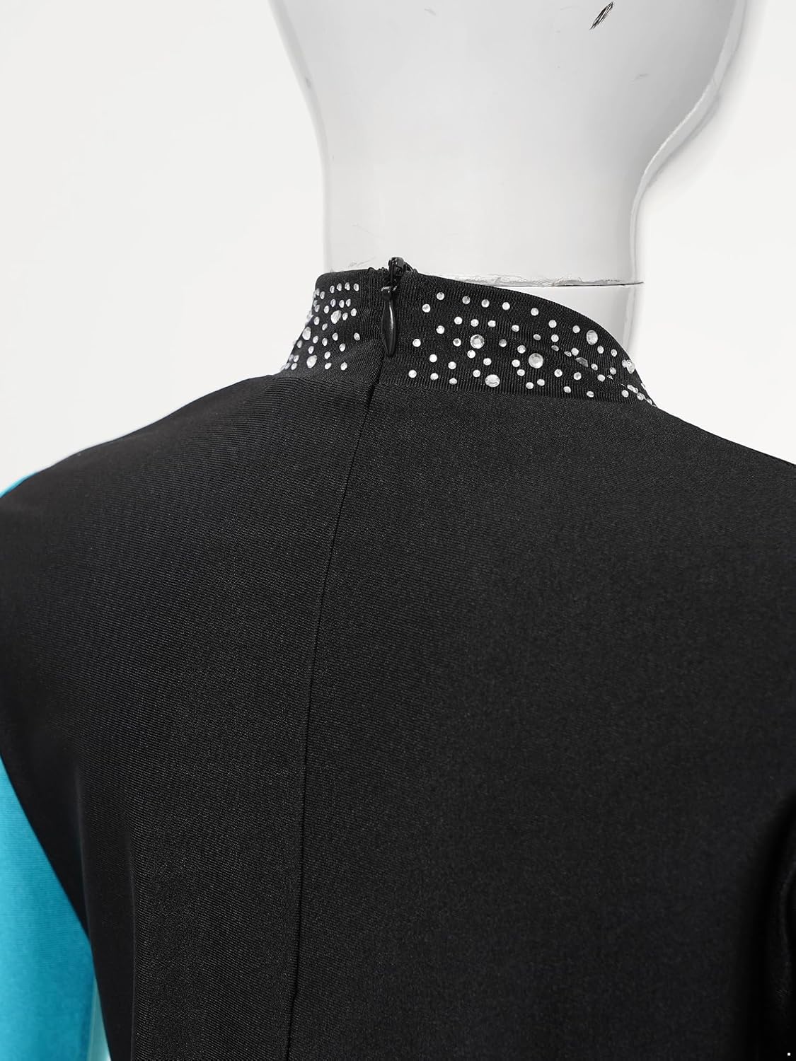 JEATHA Girls Ice Skating Top Long Sleeve Rhinestone Color Block Patchwork Irregular Hem Zipper Back Sweatshirt