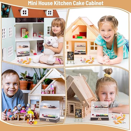 Vista 6 de 86 piezas de miniatura de panadería, estante de pasteles, gabinete de exhibición con juego de alimentos, mostrador de miniaturas de plástico, donuts