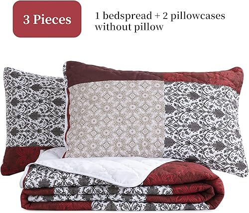 Miniatura 5 de HOMBYS Colcha extragrande de tamaño King de 128 x 120 pulgadas, juego de edredón de 3 piezas, ligero y suave, colcha floral de retazos con fundas