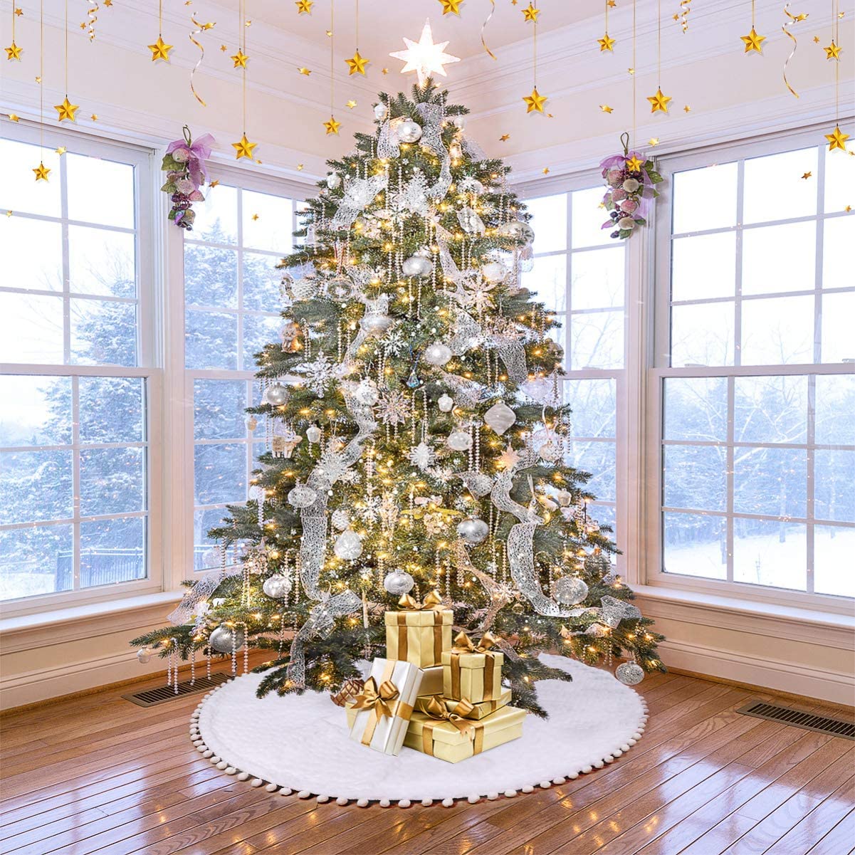 Jupe de sapin de Noël fausse fourrure blanche et pompons faits main