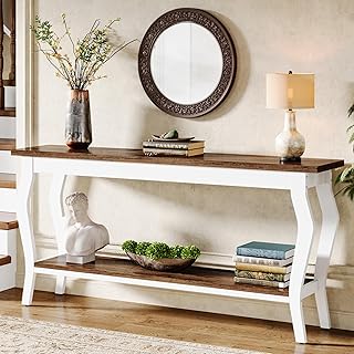 70.9 Inches Extra Long Sofa Table Behind Couch, Vintage Console Entry Table with 2-Tier Storage for Hallway, Entryway, Living Room, White & Brown