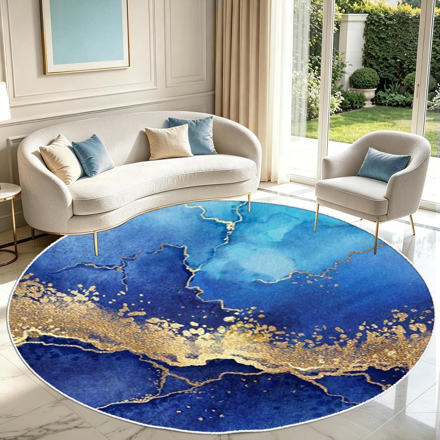 PDENZG Blue and Gold Marble Texture Round Area Rug,200cm,Luxury Fluid Art Navy Blue Rug, Soft, Non-Slip, Machine Washable Marble Floor Mat, for Dining Room Living Room Bedroom Home Round Carpet